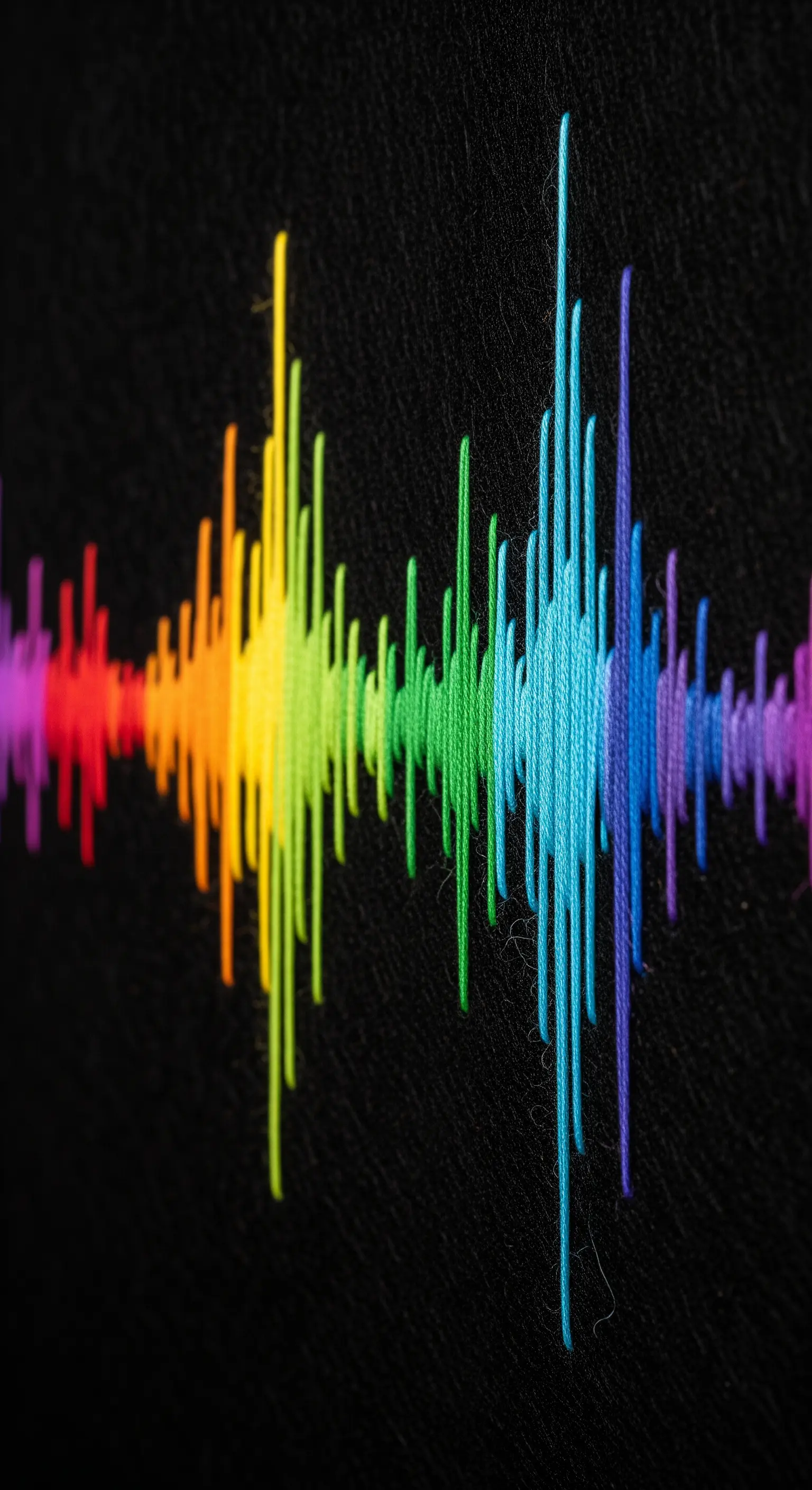 An embroidered soundwave in a full rainbow gradient on black fabric.