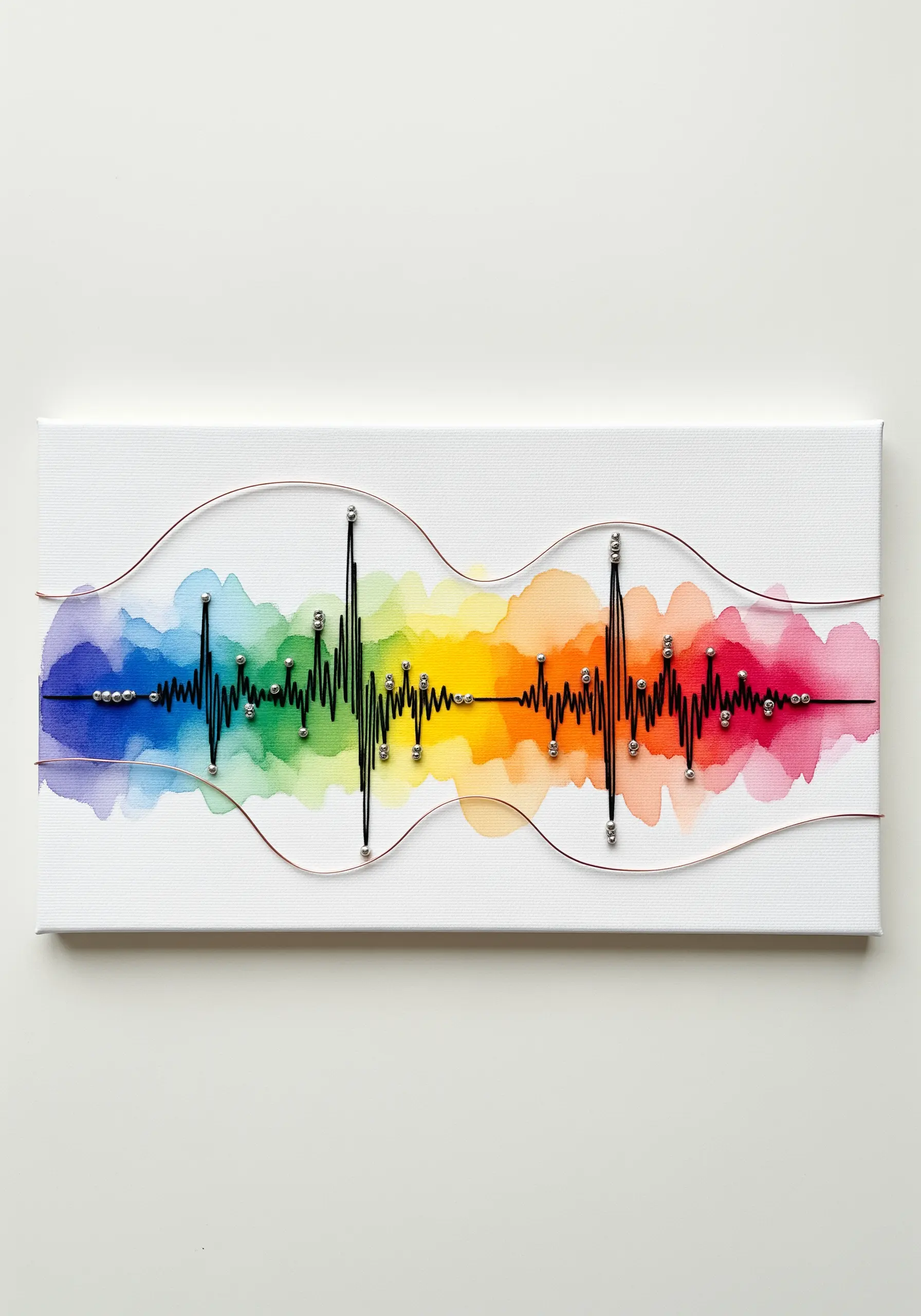 Soundwave design with a watercolor rainbow background, black thread, and copper wire accents.