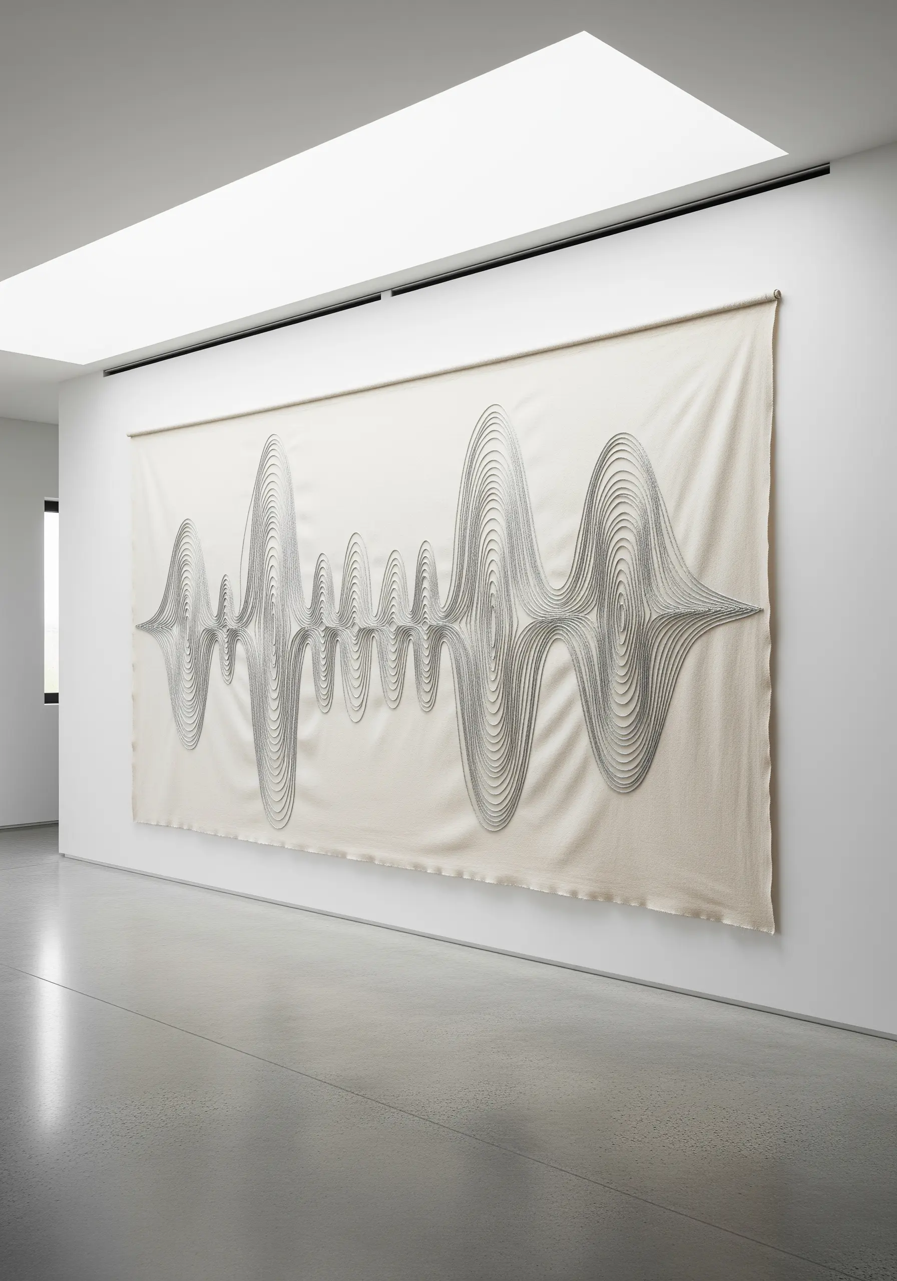 A massive wall hanging with an embroidered sound wave pattern in grey thread.