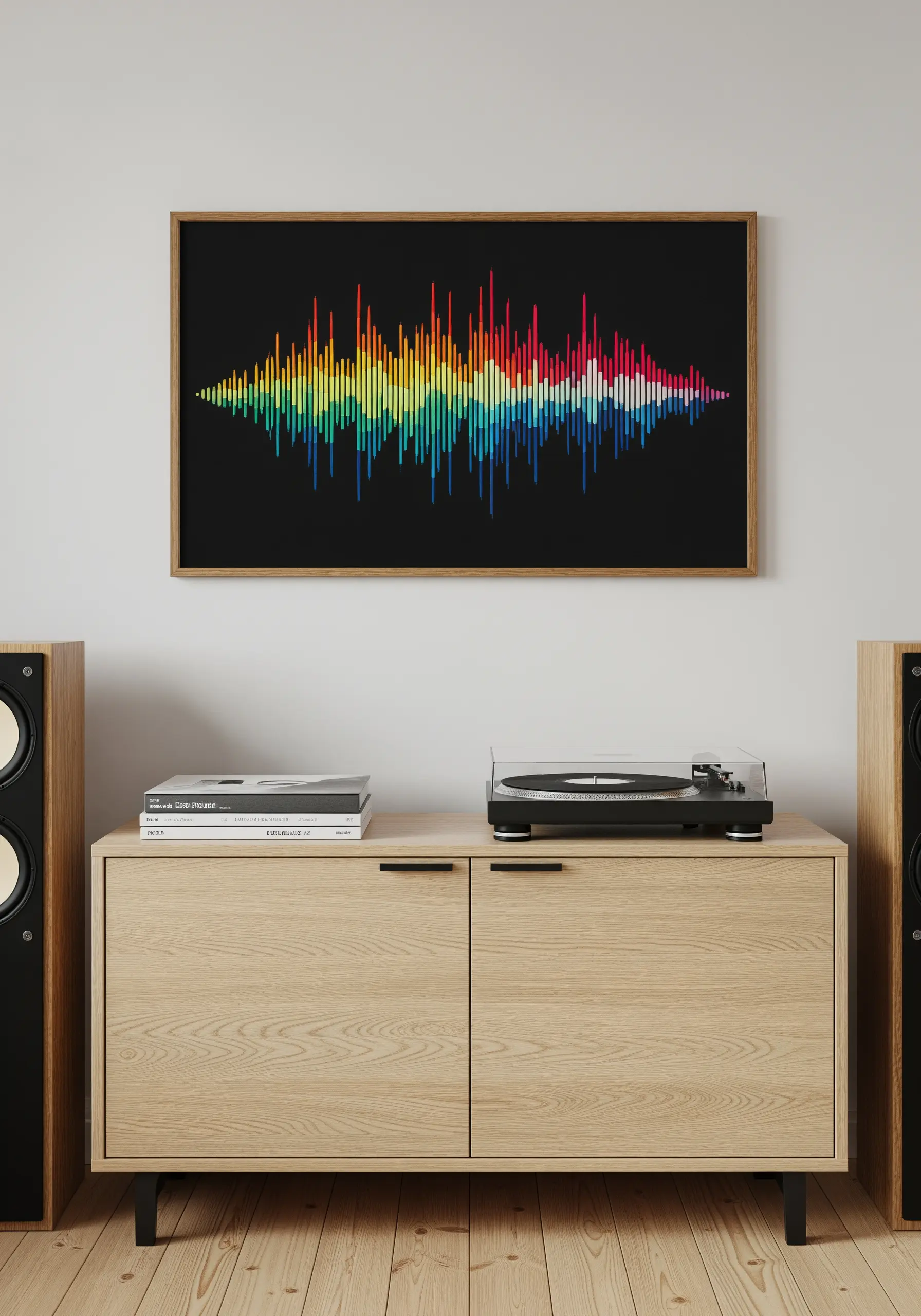An embroidery of a colorful soundwave using vertical satin stitches on a black background.
