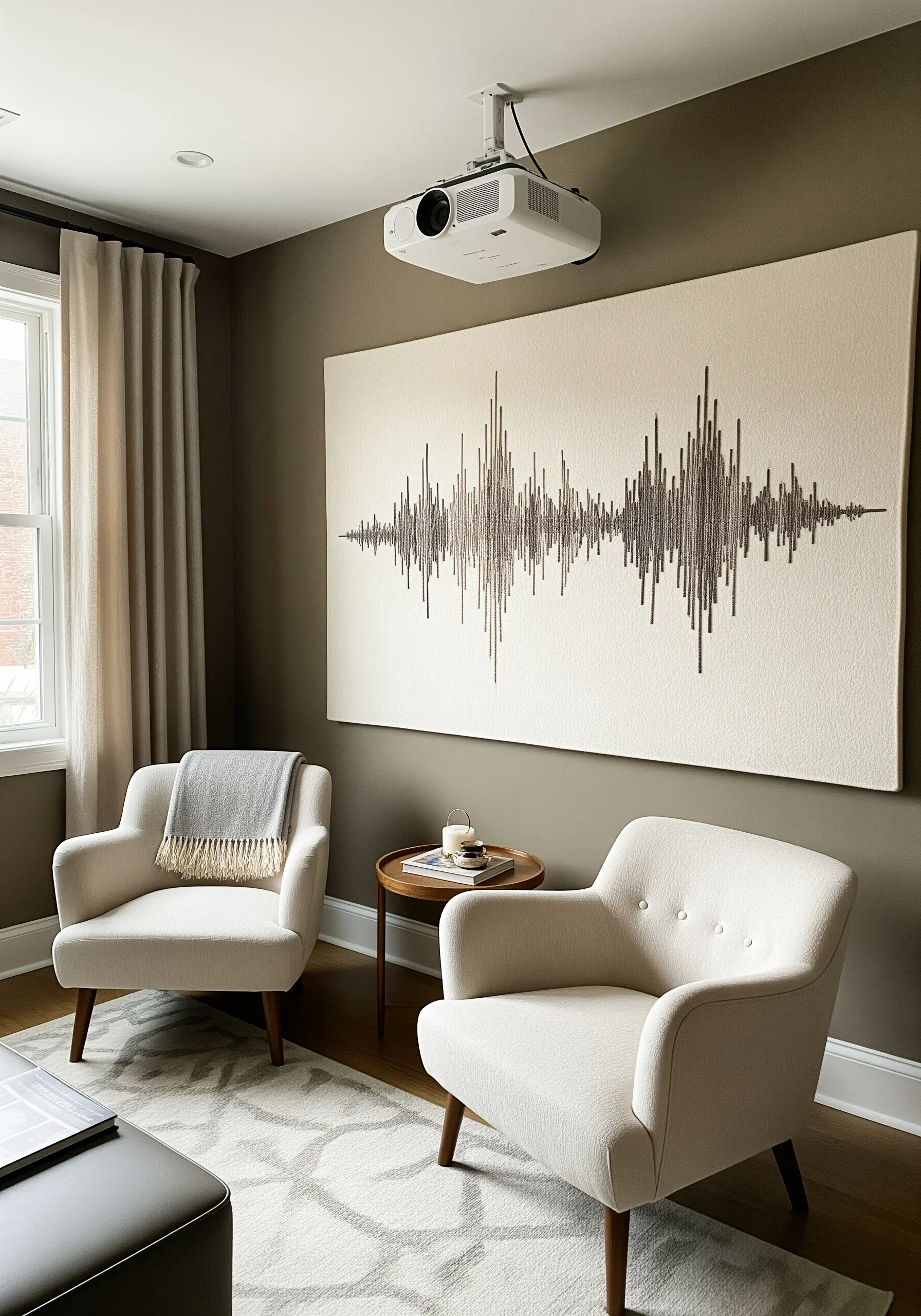 A large wall hanging displaying an embroidered soundwave in dark taupe thread.