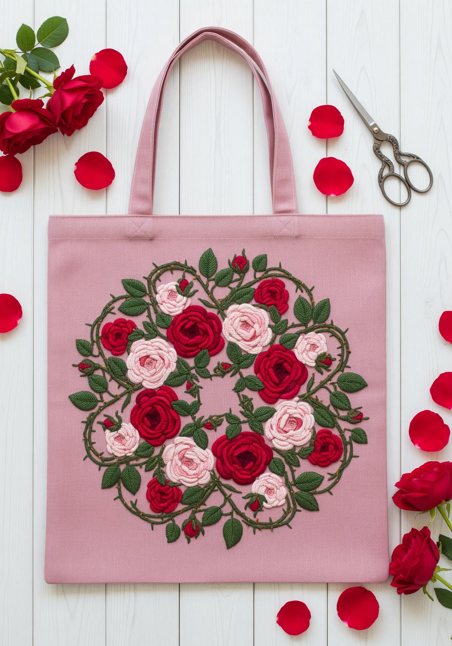 A wreath of red and pink embroidered roses made with woven wheel stitches on a pink tote bag.