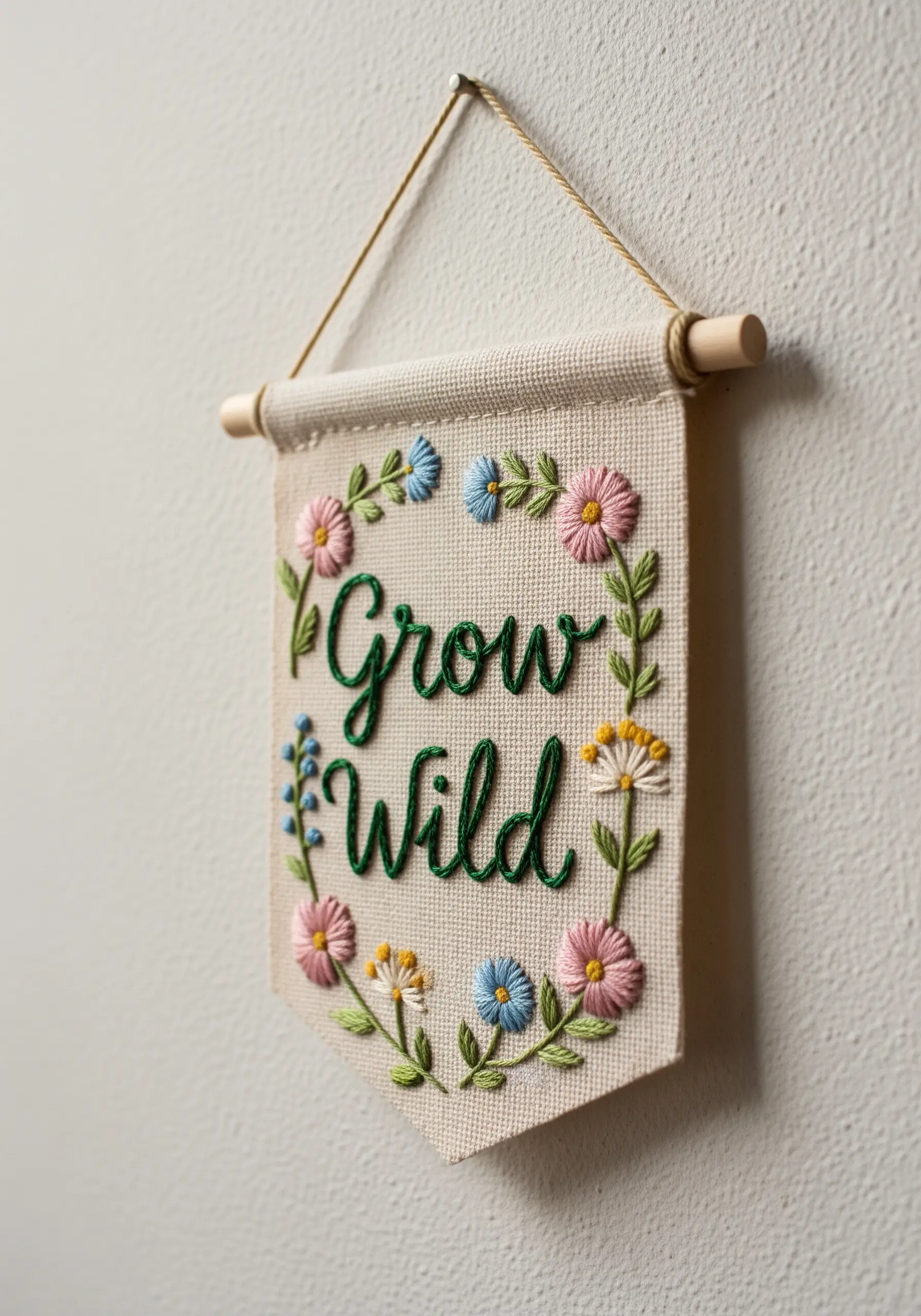 An embroidered banner with the words 'Grow Wild' surrounded by a floral wreath
