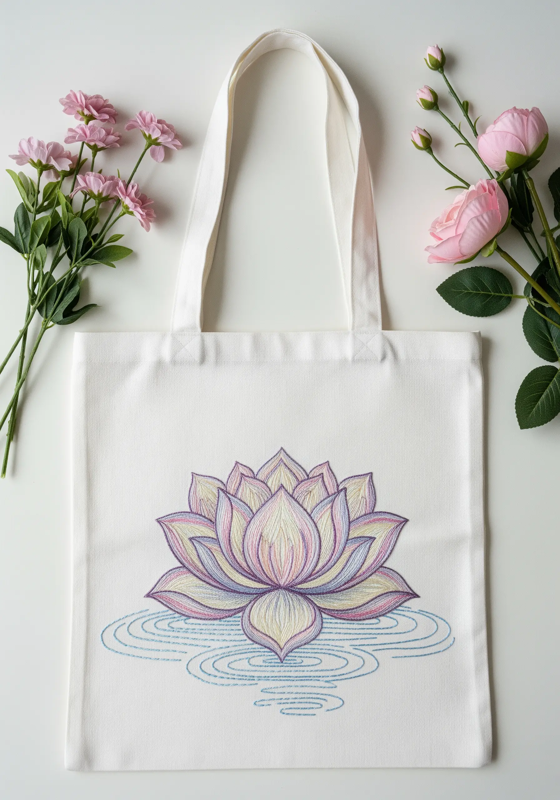 A line-art style lotus flower with soft pastel color fills, embroidered on a white tote bag.
