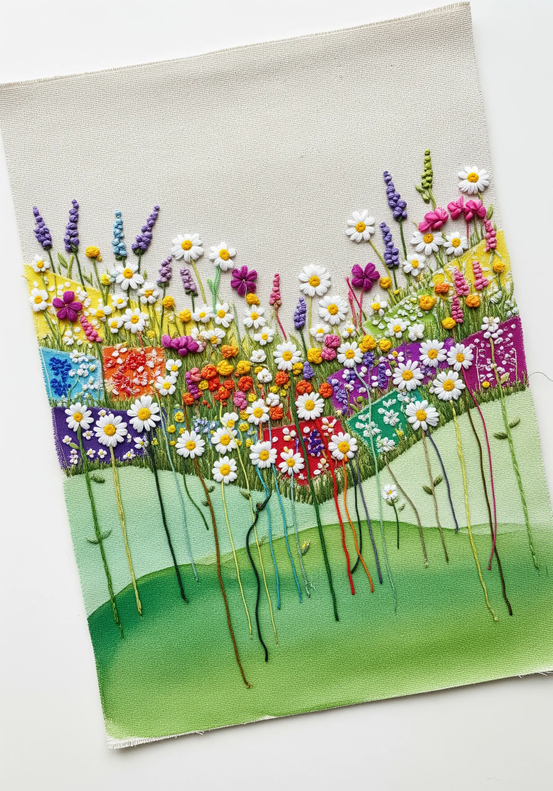 A field of colorful 3D embroidered flowers stitched over a watercolor painted background on fabric.