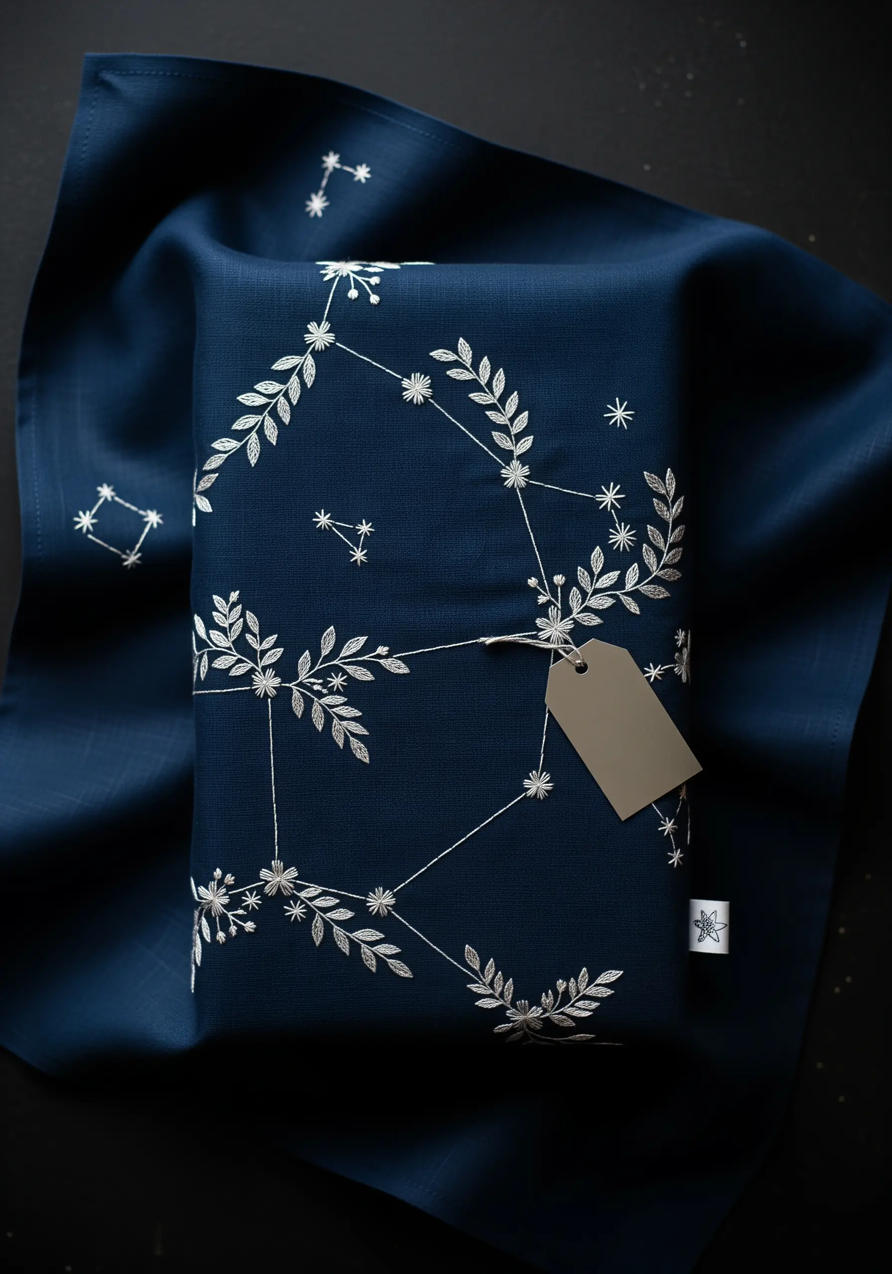 White thread embroidery of leafy branches connected like constellations on dark navy fabric.