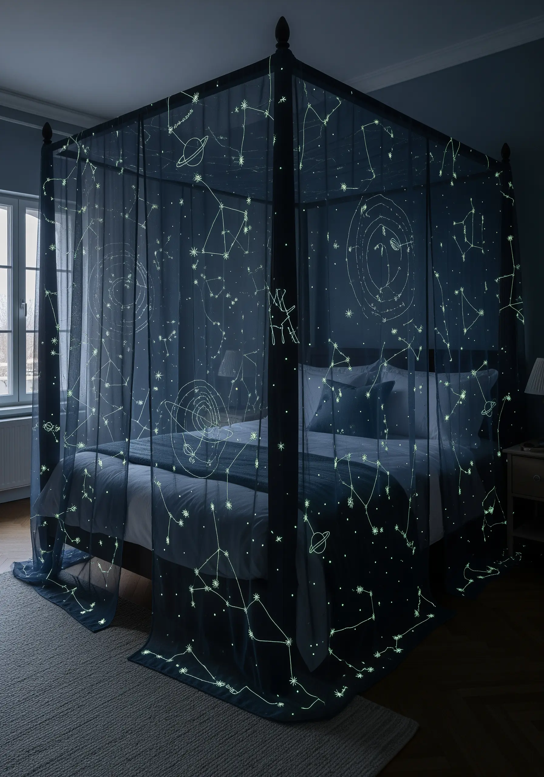 A sheer bed canopy embroidered with constellations that are glowing in the dark.