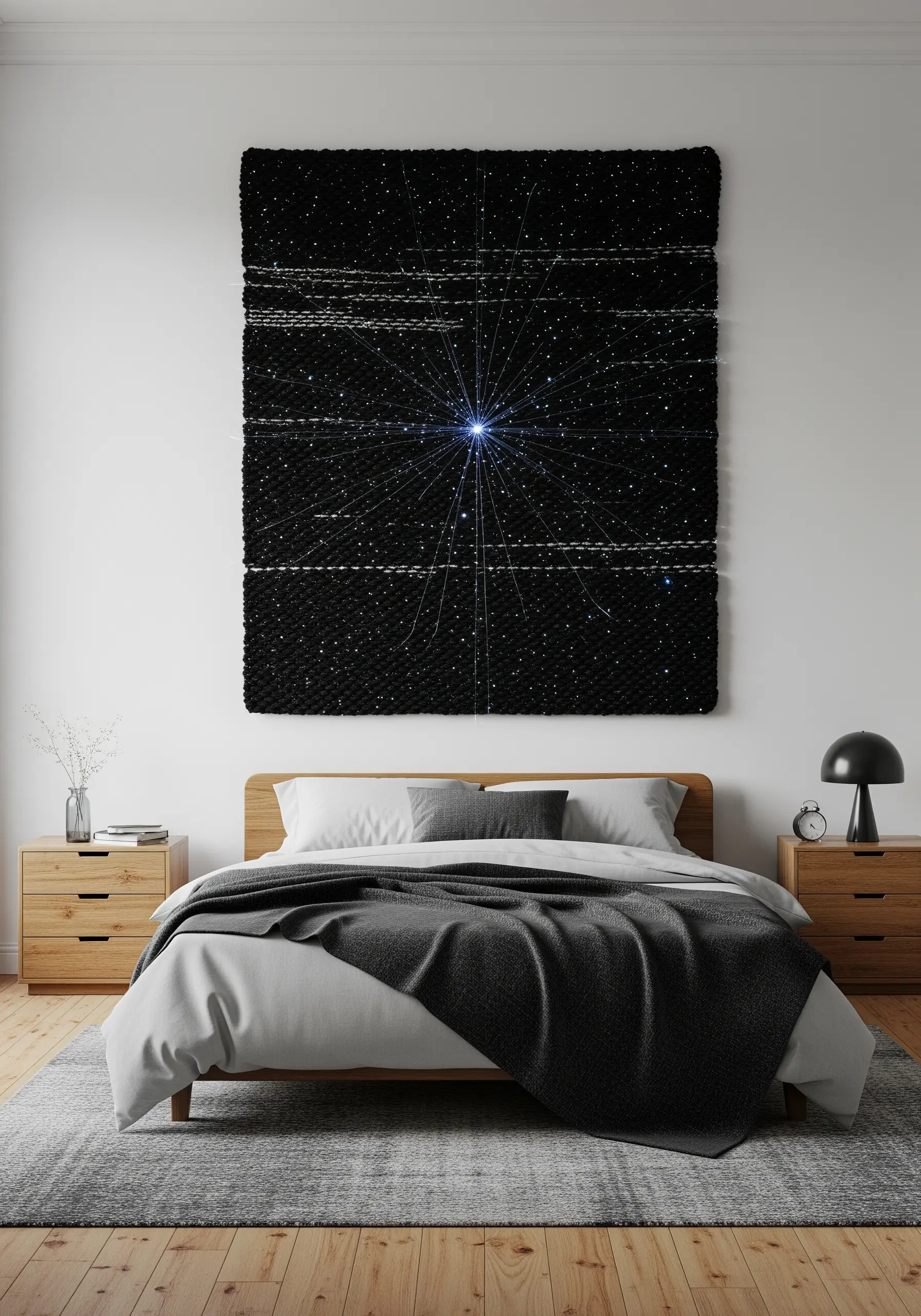A large black woven tapestry with white and blue threads creating a starburst or constellation pattern.