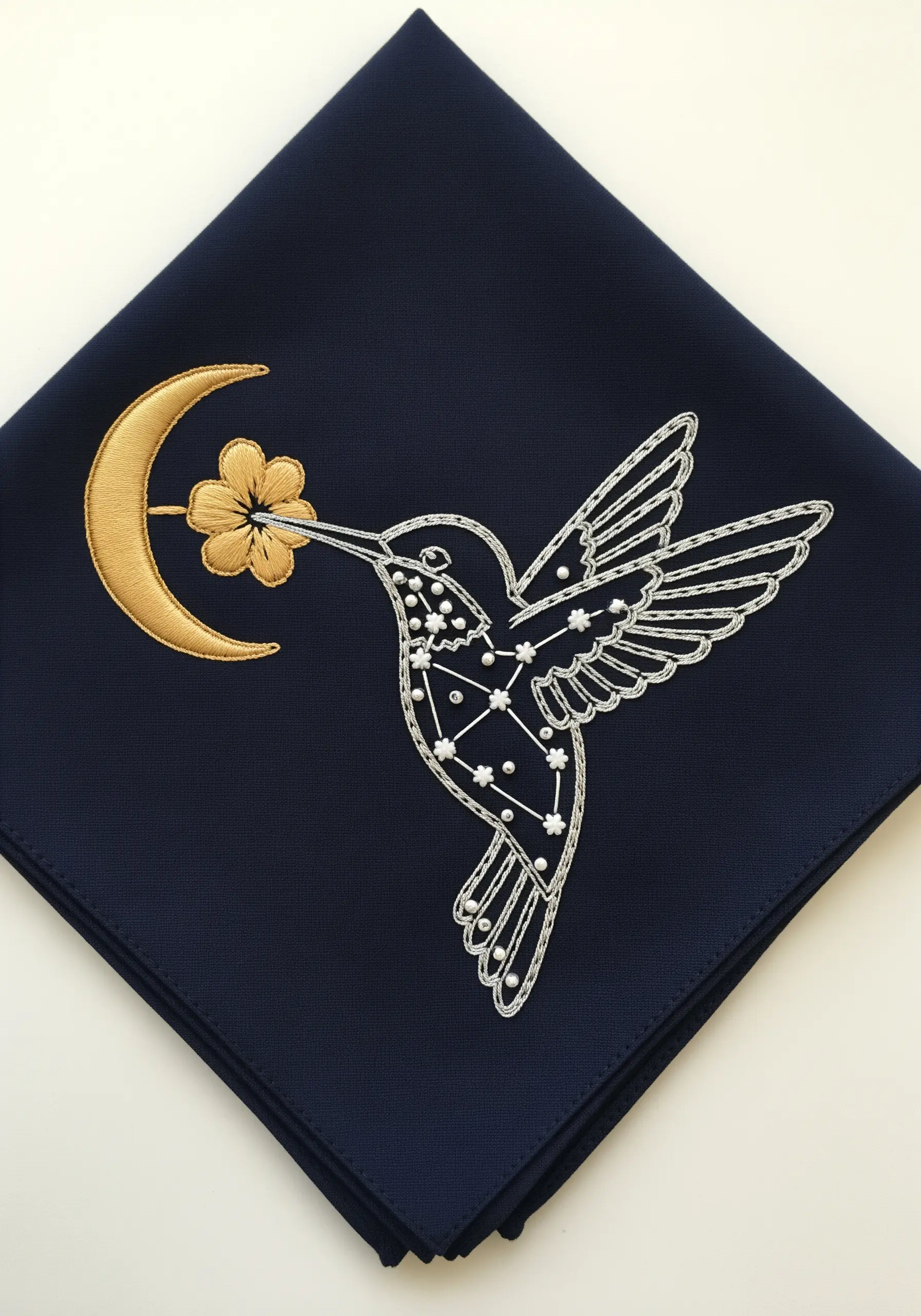 A hummingbird outlined in silver, with a constellation inside its body.