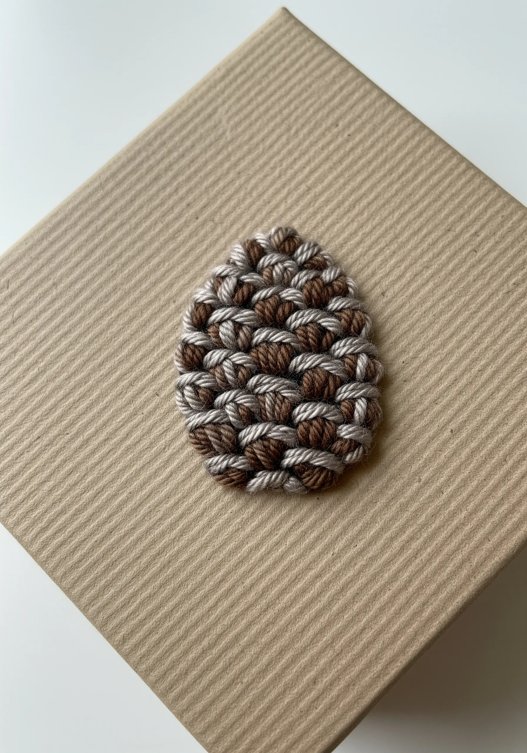 Woven pinecone motif with two shades of brown thread on a cardboard gift box.