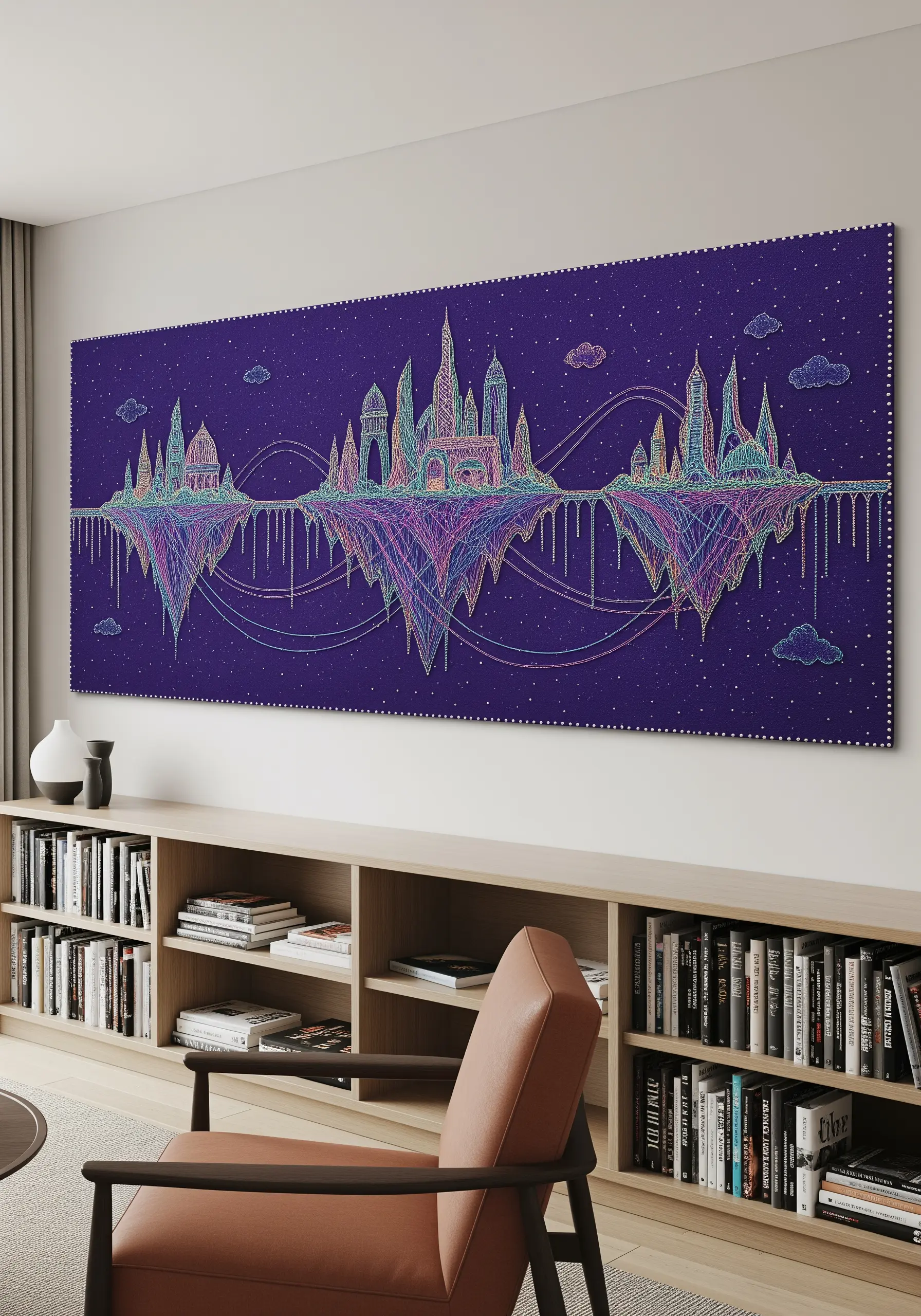 A fantasy floating city skyline embroidered with iridescent, variegated thread on a dark purple canvas.