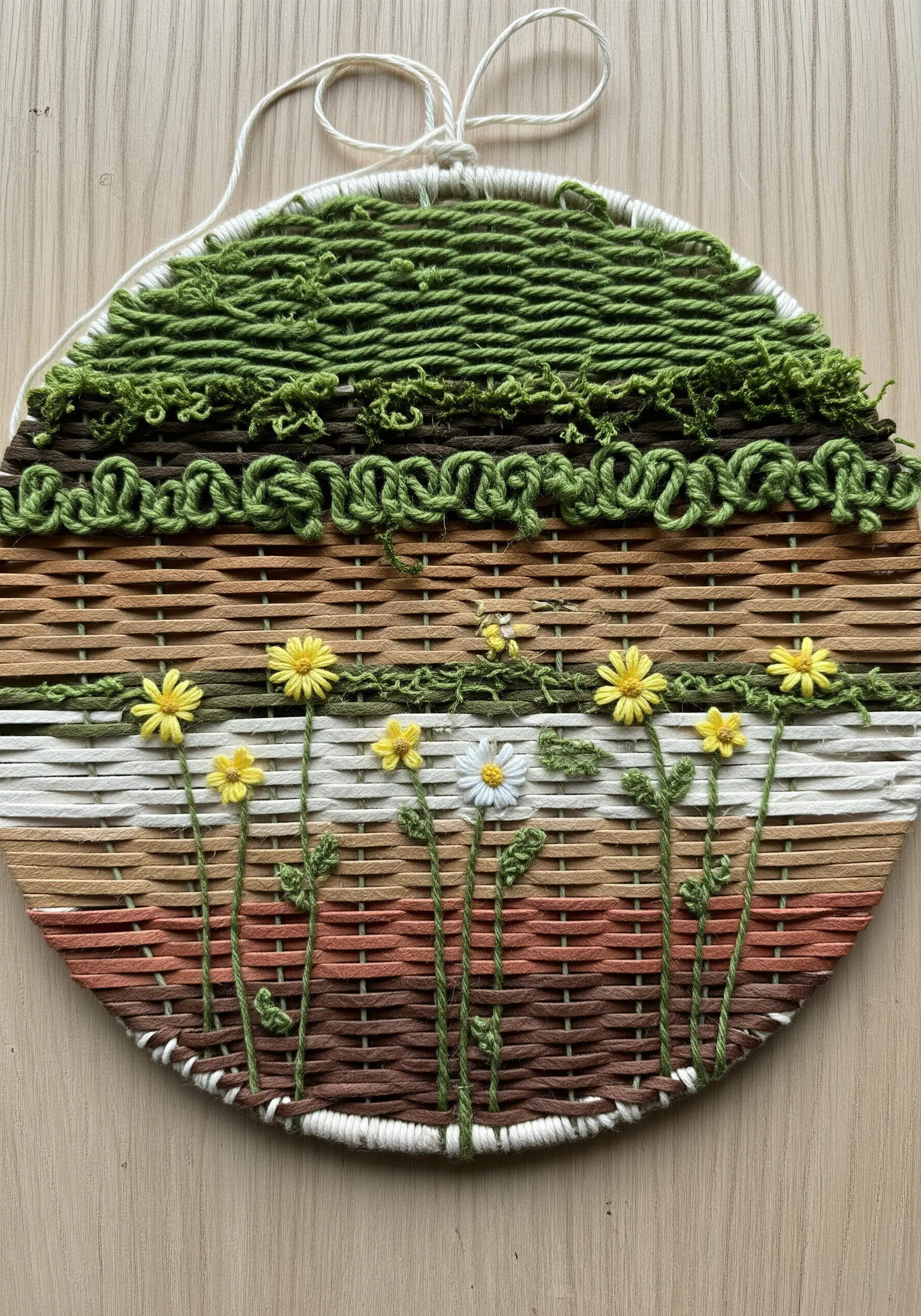 A circular weaving with a landscape design, featuring small embroidered flowers in the foreground.
