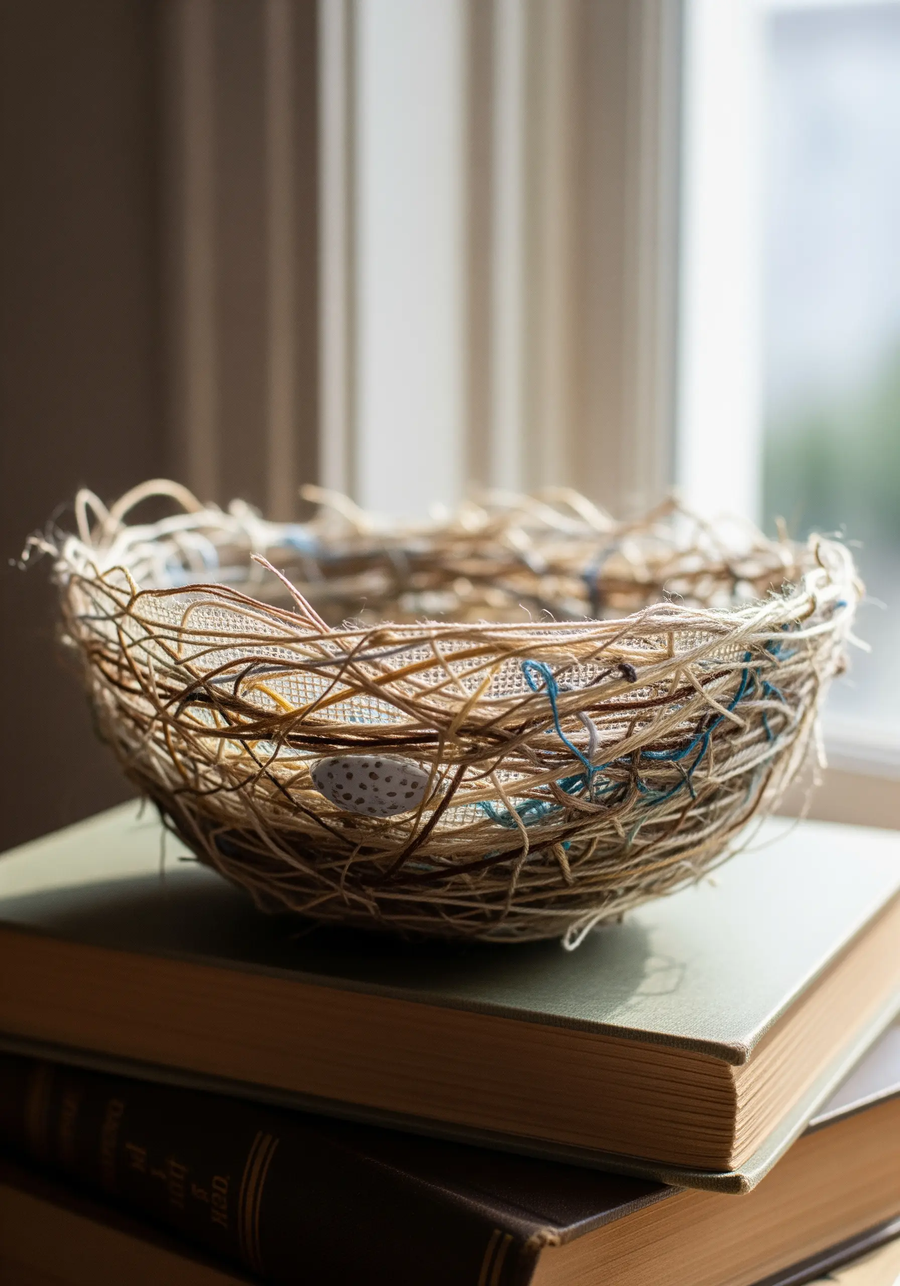 A delicate, freestanding bird's nest made from threads and a water-soluble stabilizer.