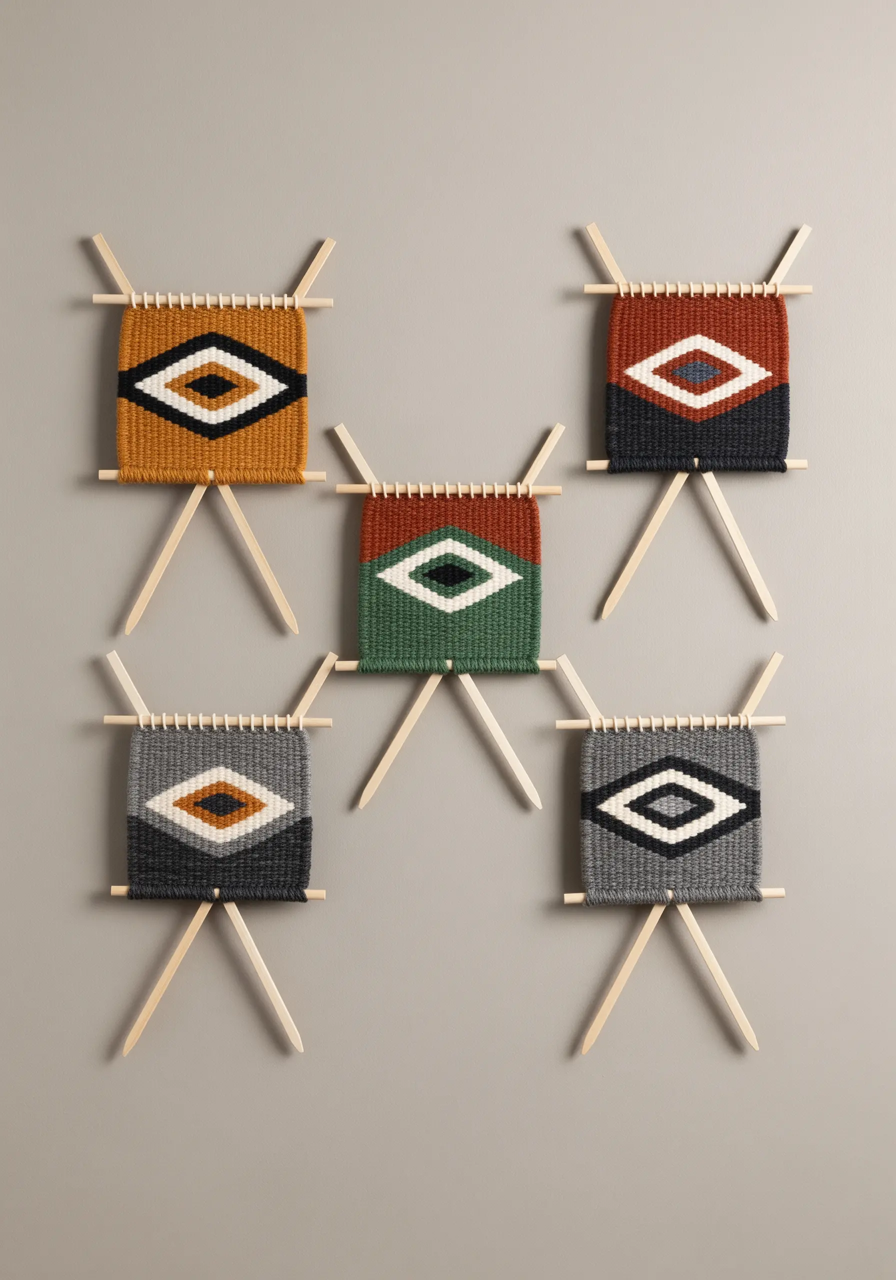 A collection of five small, geometric woven tapestries in earthy tones, displayed on a wall.