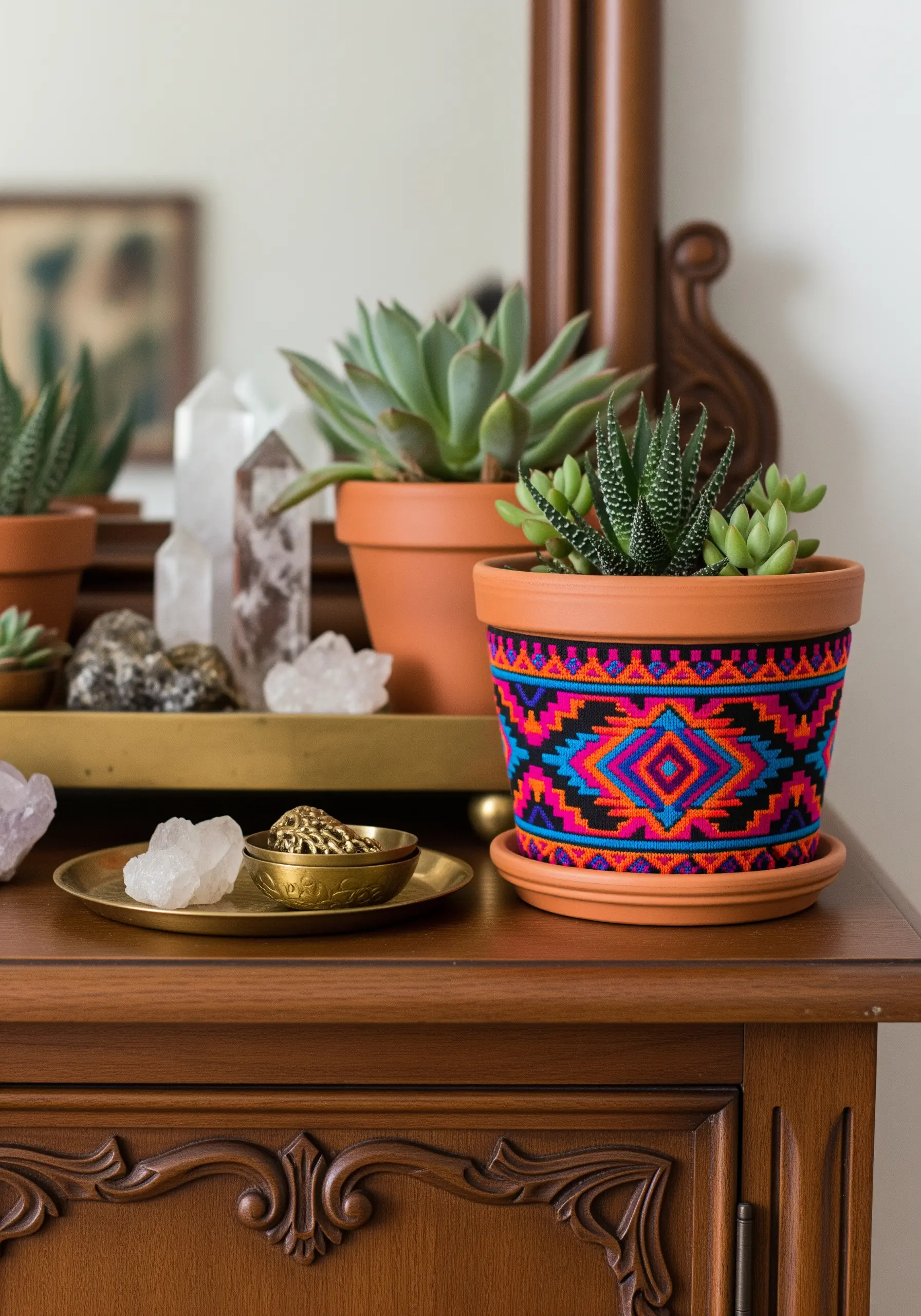 A terracotta plant pot decorated with a colorful, geometric embroidered band.