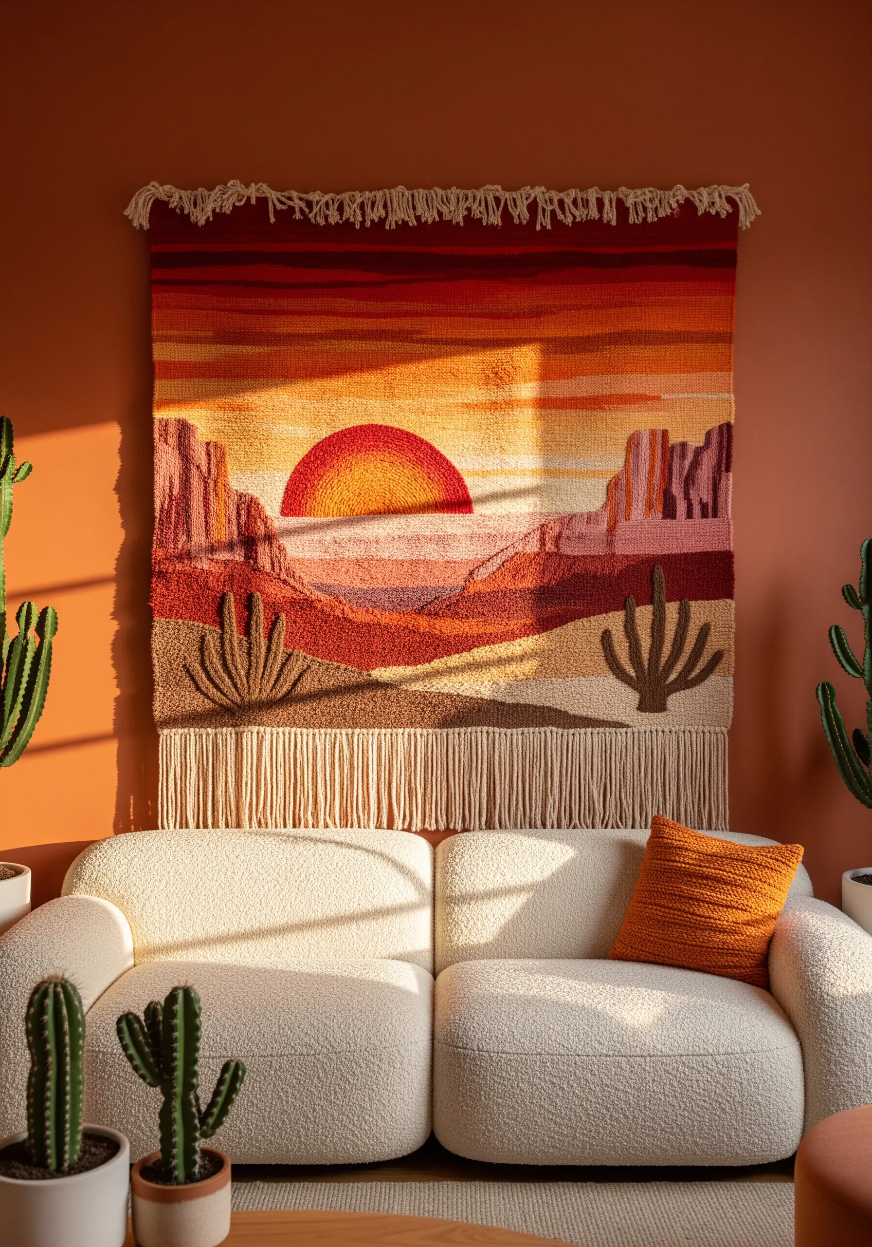 A woven tapestry of a desert sunset with a fringed bottom, featuring blended reds and oranges.