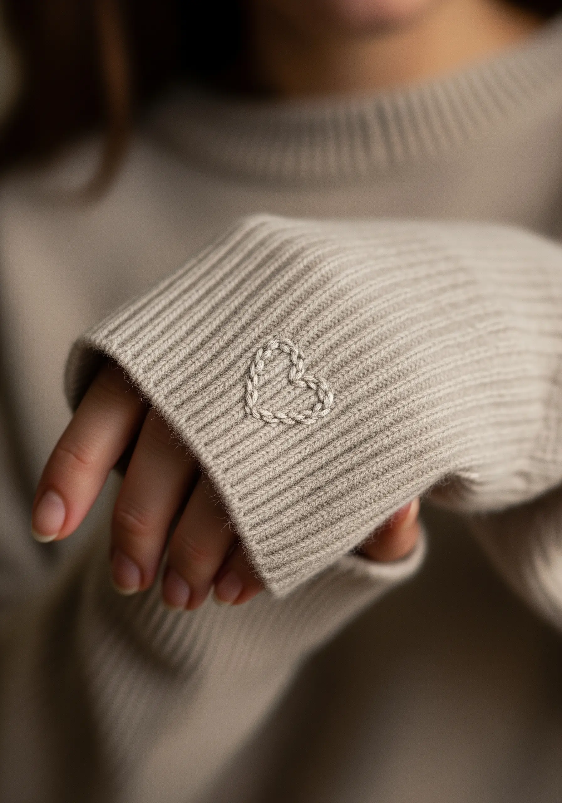 A small heart with a braided texture embroidered on the ribbed cuff of a beige knit sweater.