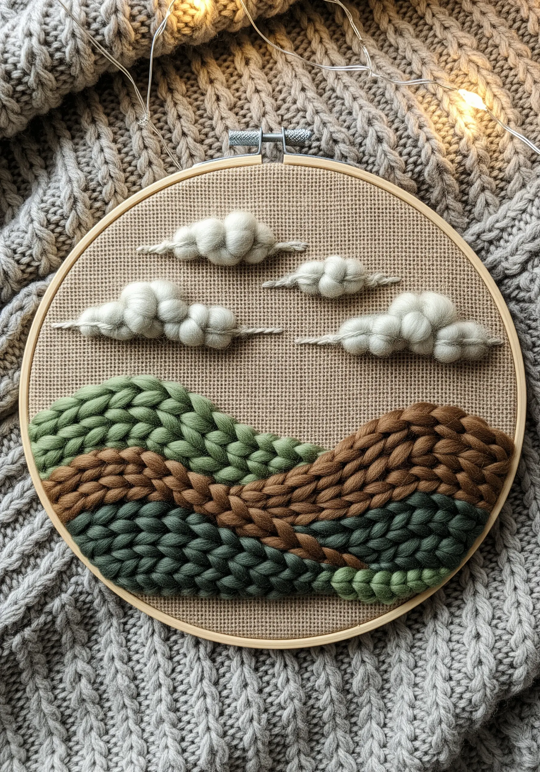 High-texture landscape in an embroidery hoop, made with chunky green and brown yarn.