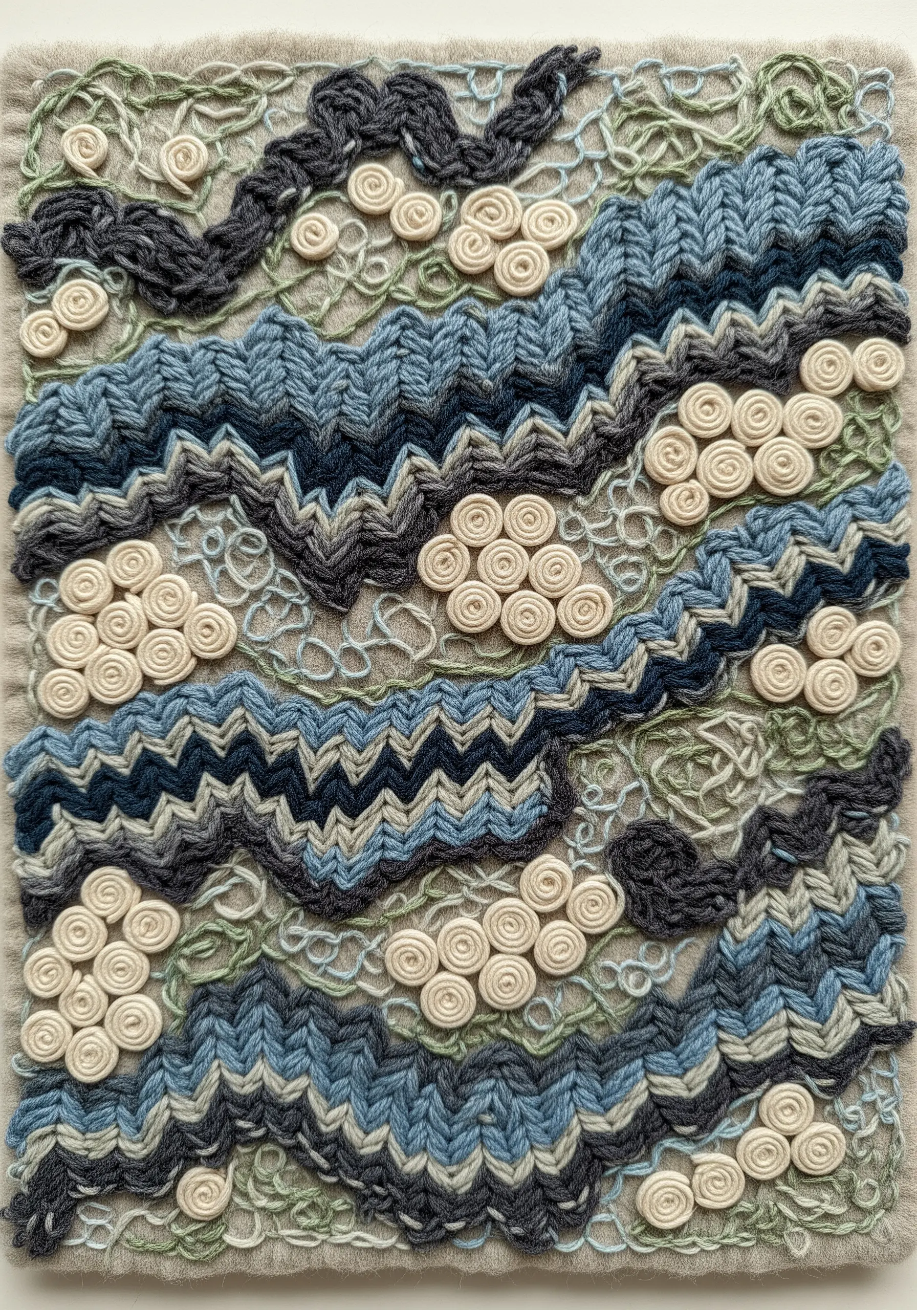 High-texture wool embroidery with blue and grey chevron stitches and cream-colored spiral knots.