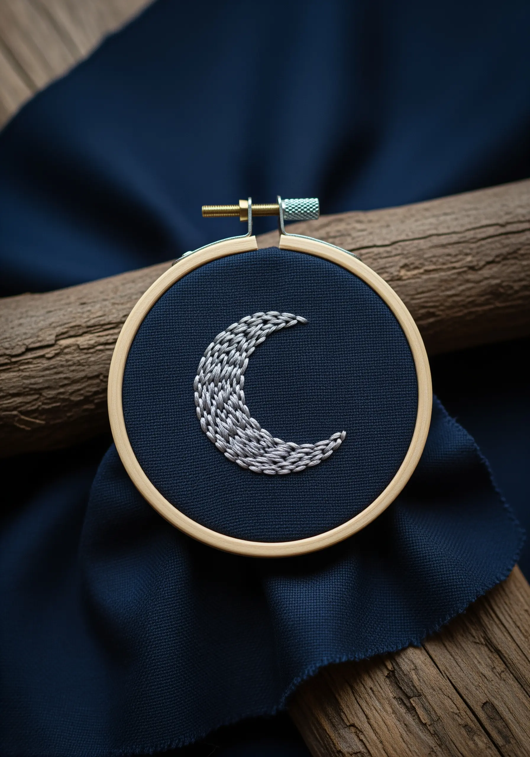 Woven-effect crescent moon embroidered with silver and grey thread on dark blue fabric.