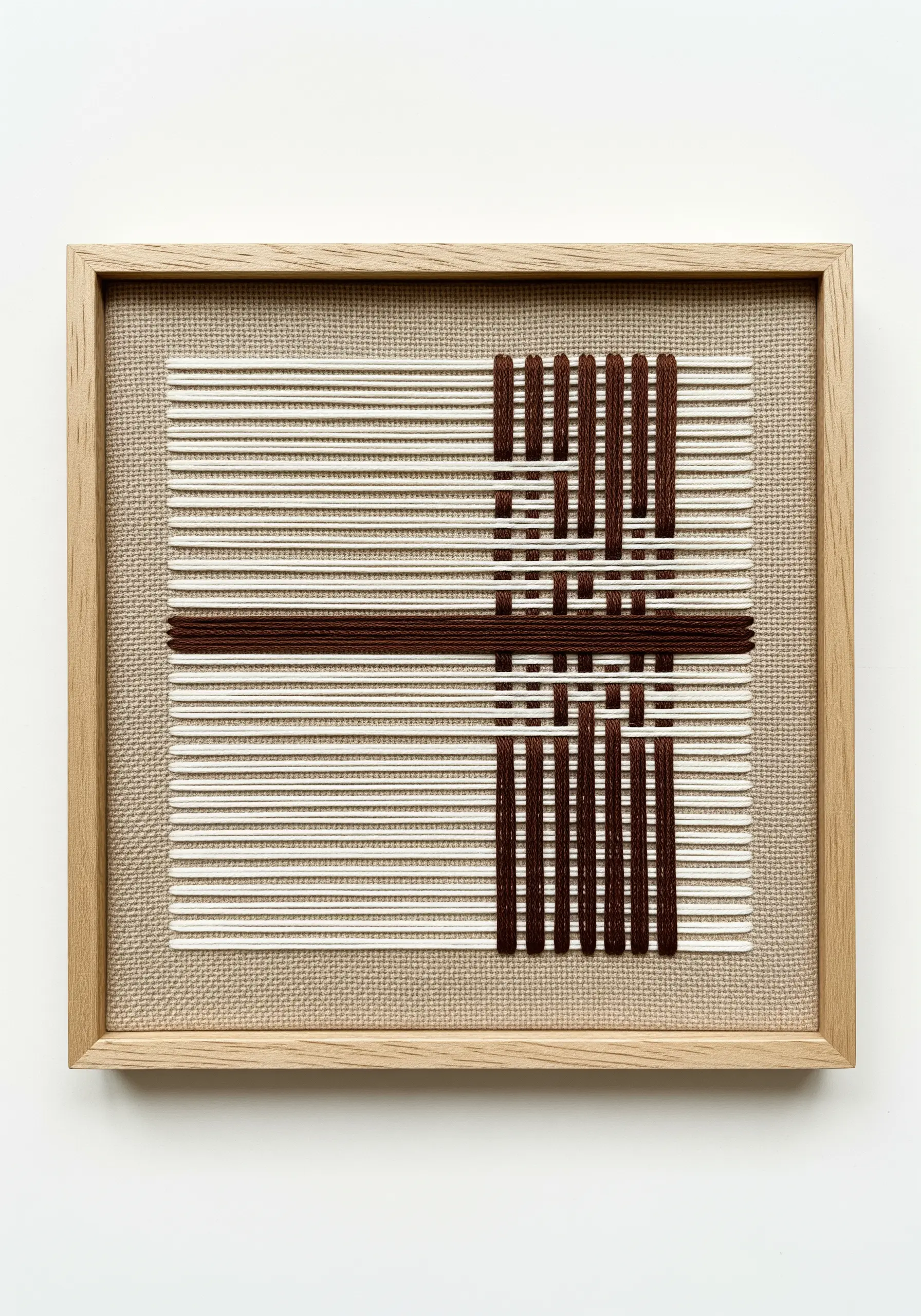 Framed minimalist weaving with horizontal white threads and vertical brown threads.