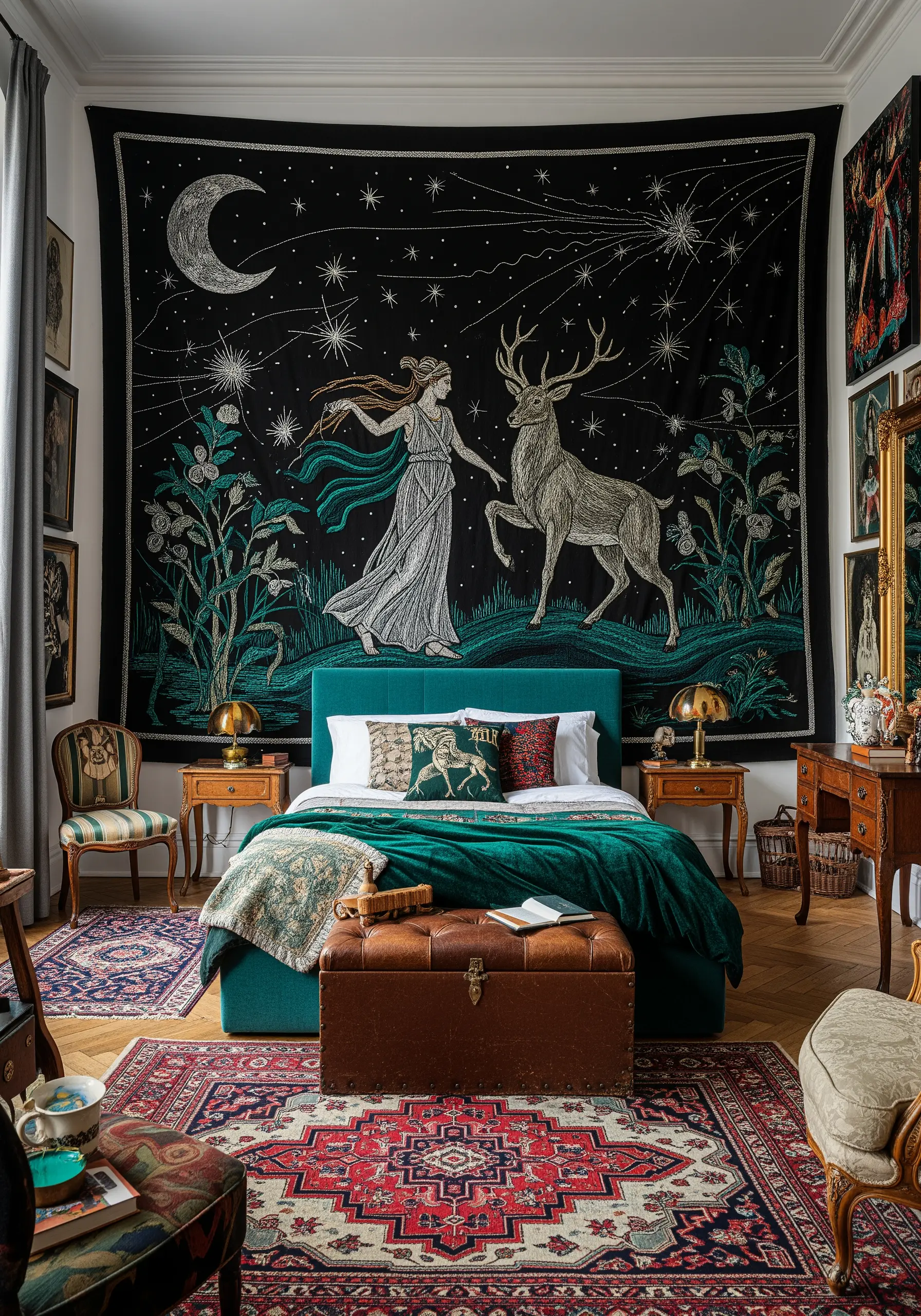 A large, mythical tapestry with celestial and forest elements hanging behind a bed.