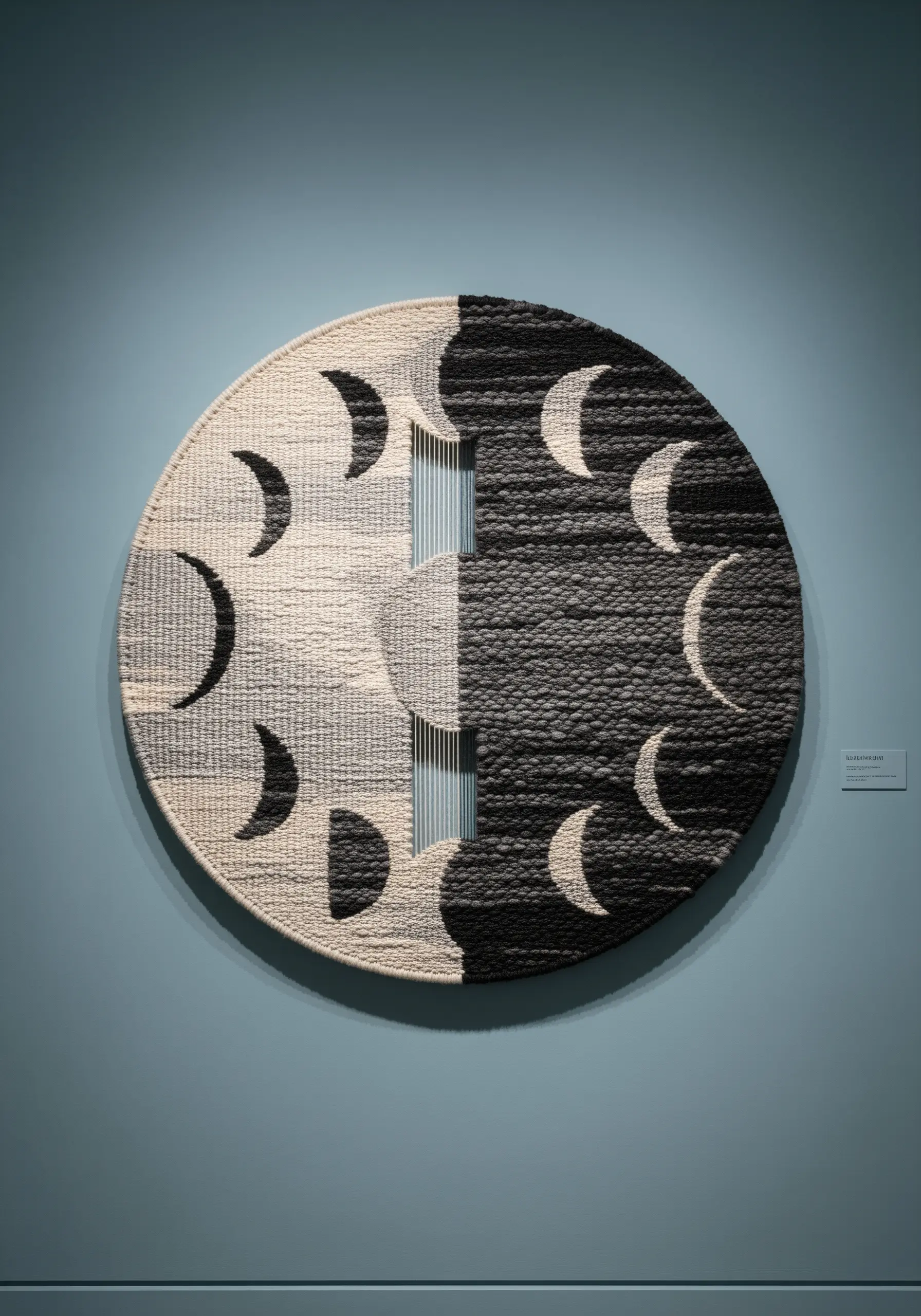 A circular weaving depicting the phases of the moon in black and white, with negative space in the center.