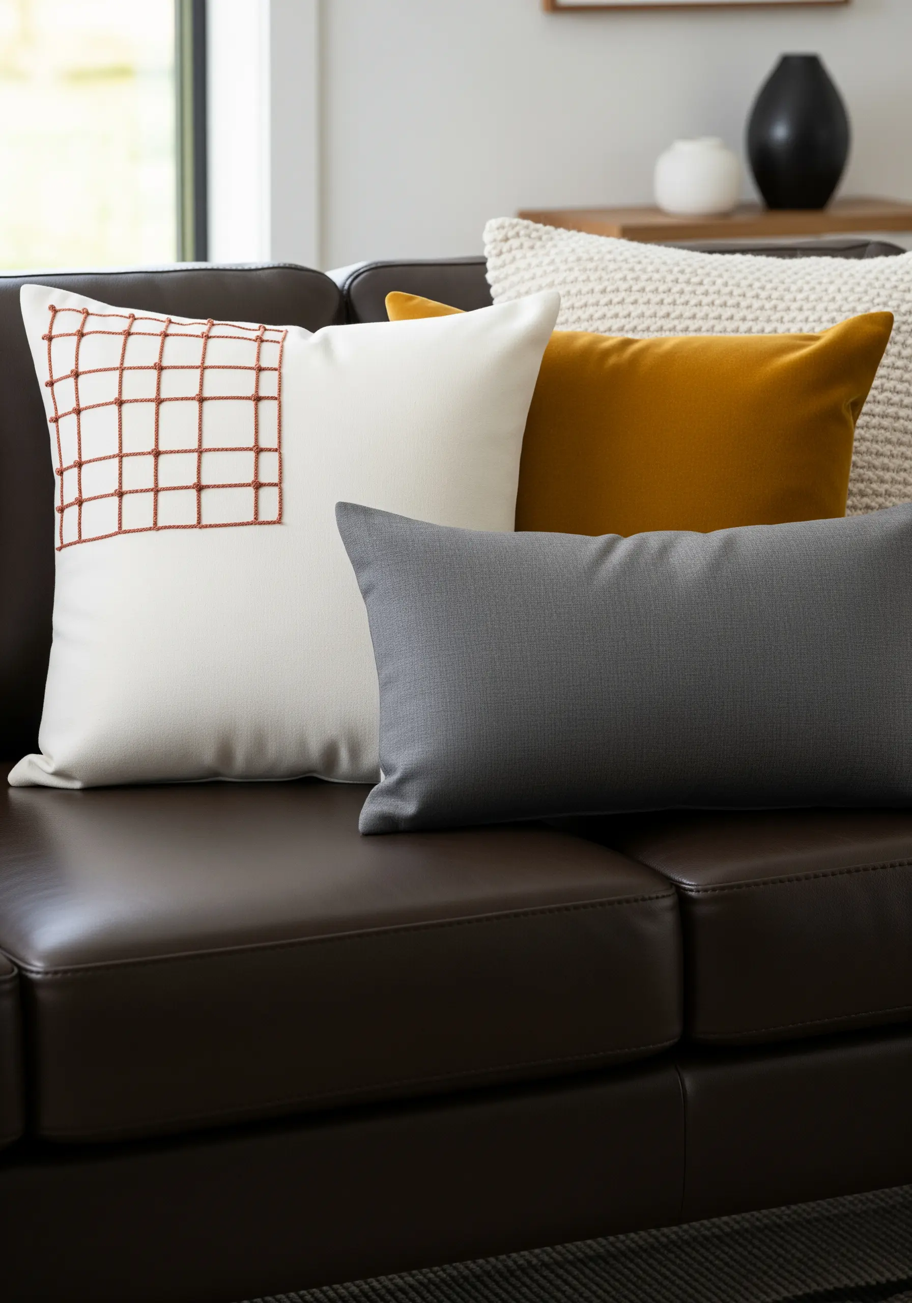 A close-up of a raised, woven grid stitched in terracotta thread on a white pillow.