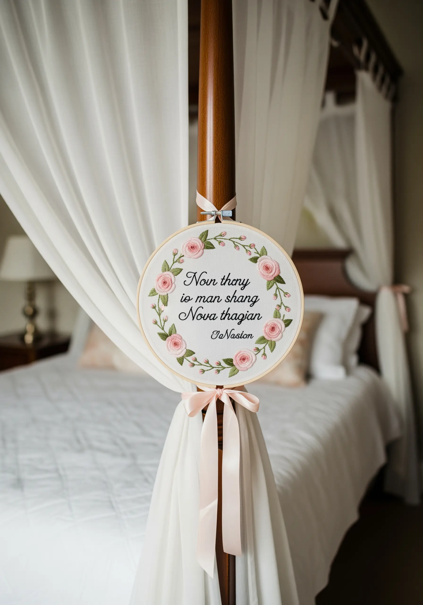 An embroidered quote encircled by a wreath of pink wagon wheel roses and green leaves.