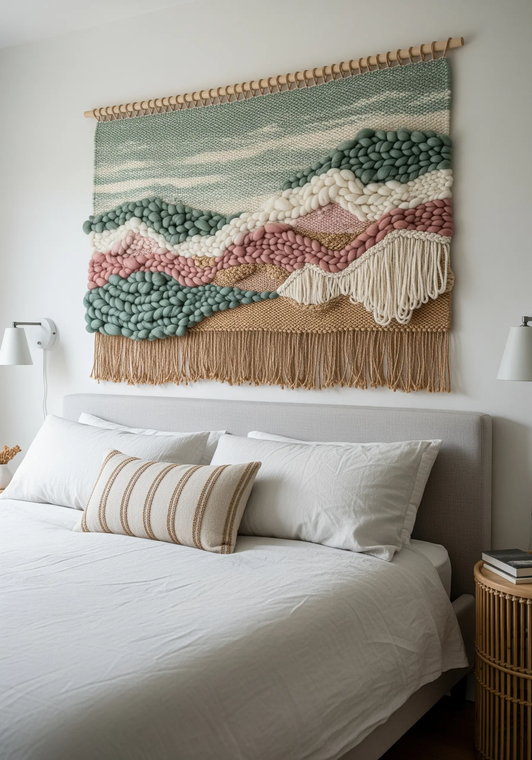 A large woven wall hanging depicting a landscape with chunky, textured yarn in pastel colors.