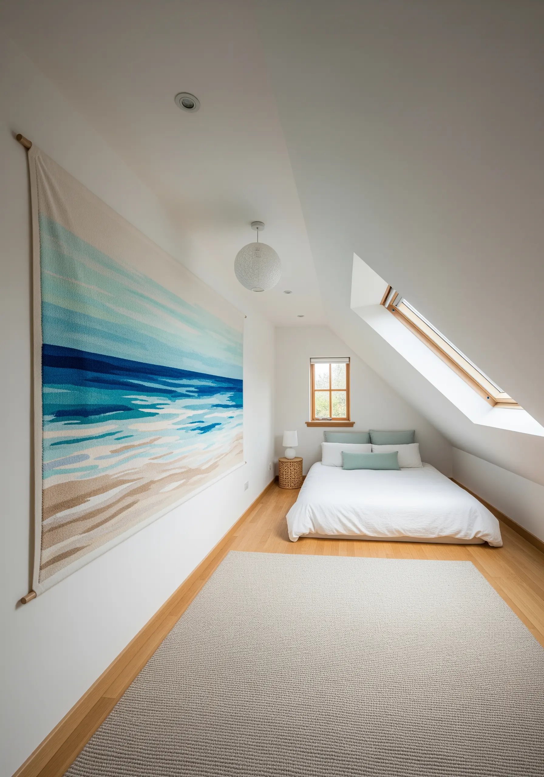 A large, woven-style wall hanging depicting an abstract beach and ocean scene.