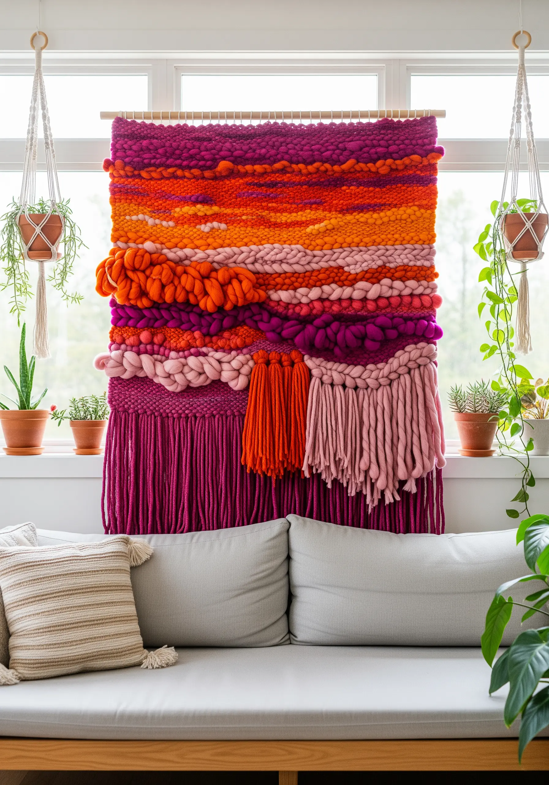 Large woven wall hanging in sunset colors with thick yarn and textured braids hanging above a sofa.