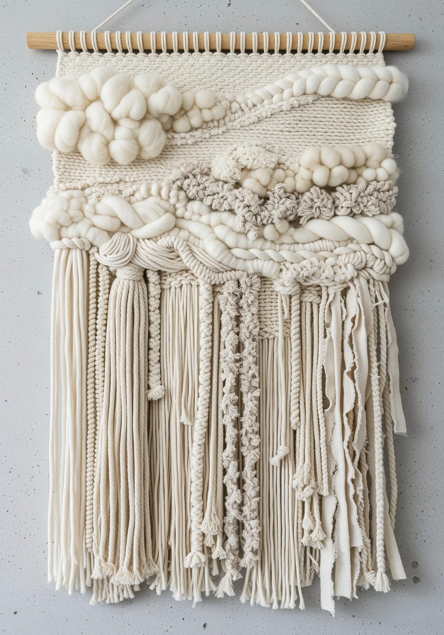 A neutral-toned woven wall hanging with a variety of textures, knots, and braids.