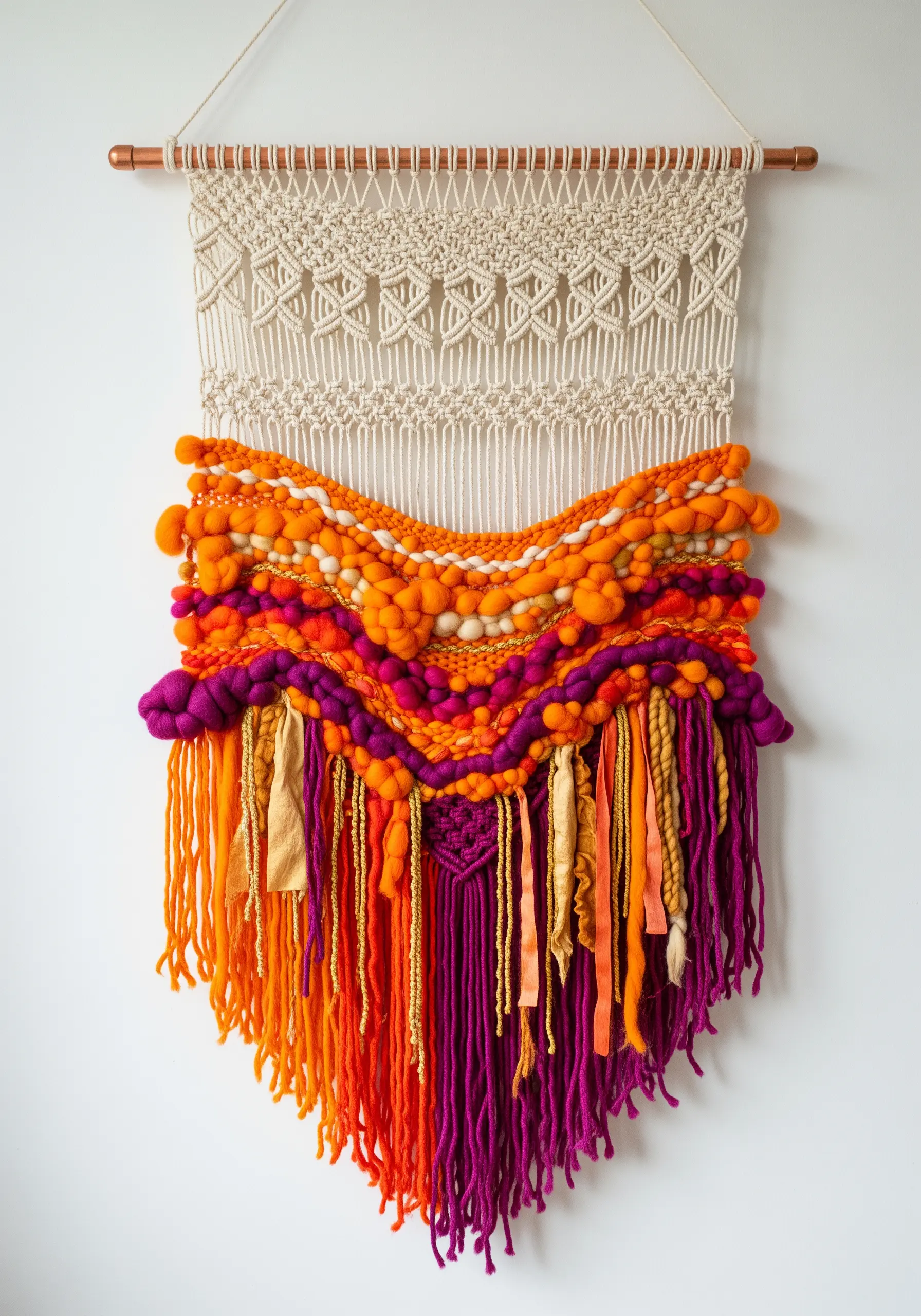 A vibrant, freeform woven wall hanging with mixed textures in orange, pink, and yellow.