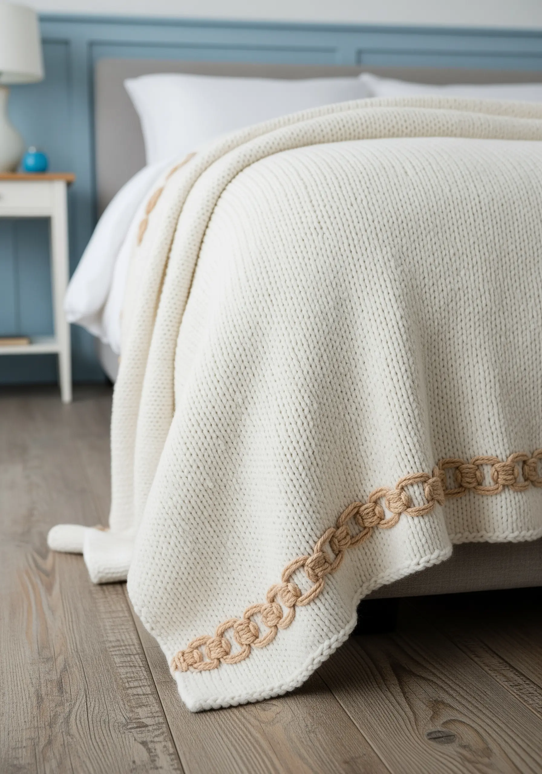 A close-up of a cream-colored knit blanket with a woven chain border in a natural jute color.
