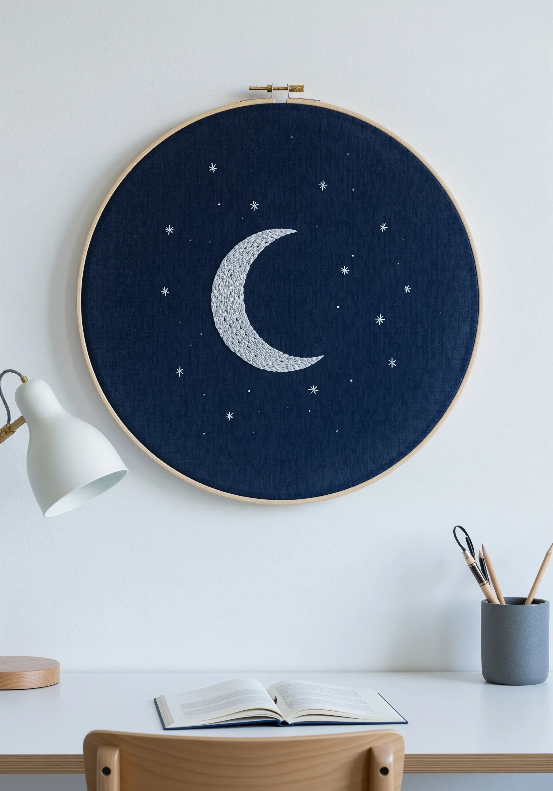 A textured crescent moon embroidered with dense white stitches on dark blue fabric.
