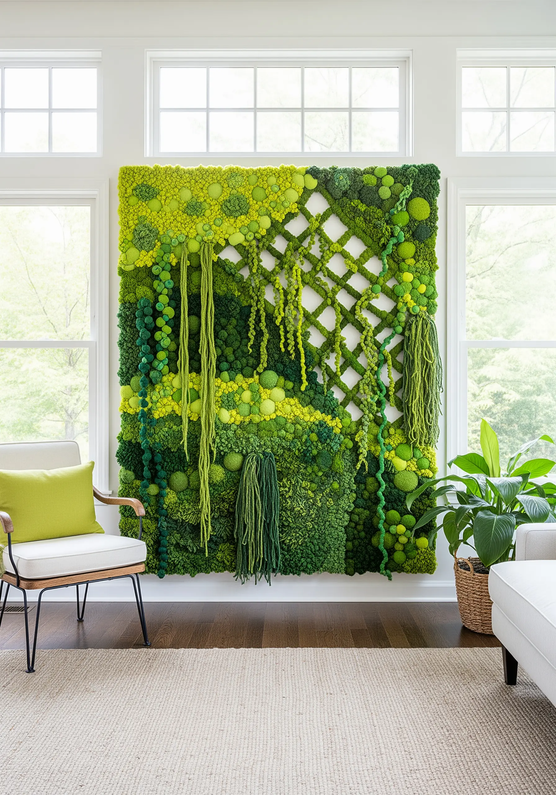 A large, vertical wall installation mimicking a moss garden using various green fiber art techniques.