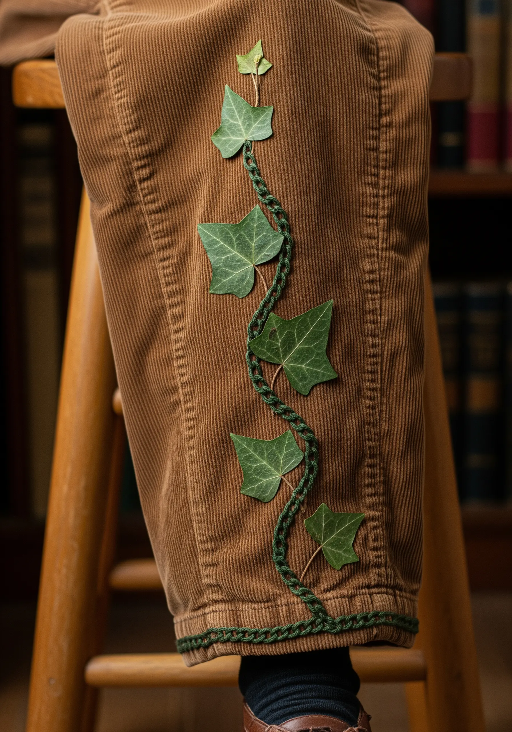 An embroidered green vine twisting up the leg of brown corduroy trousers, with real ivy leaves.