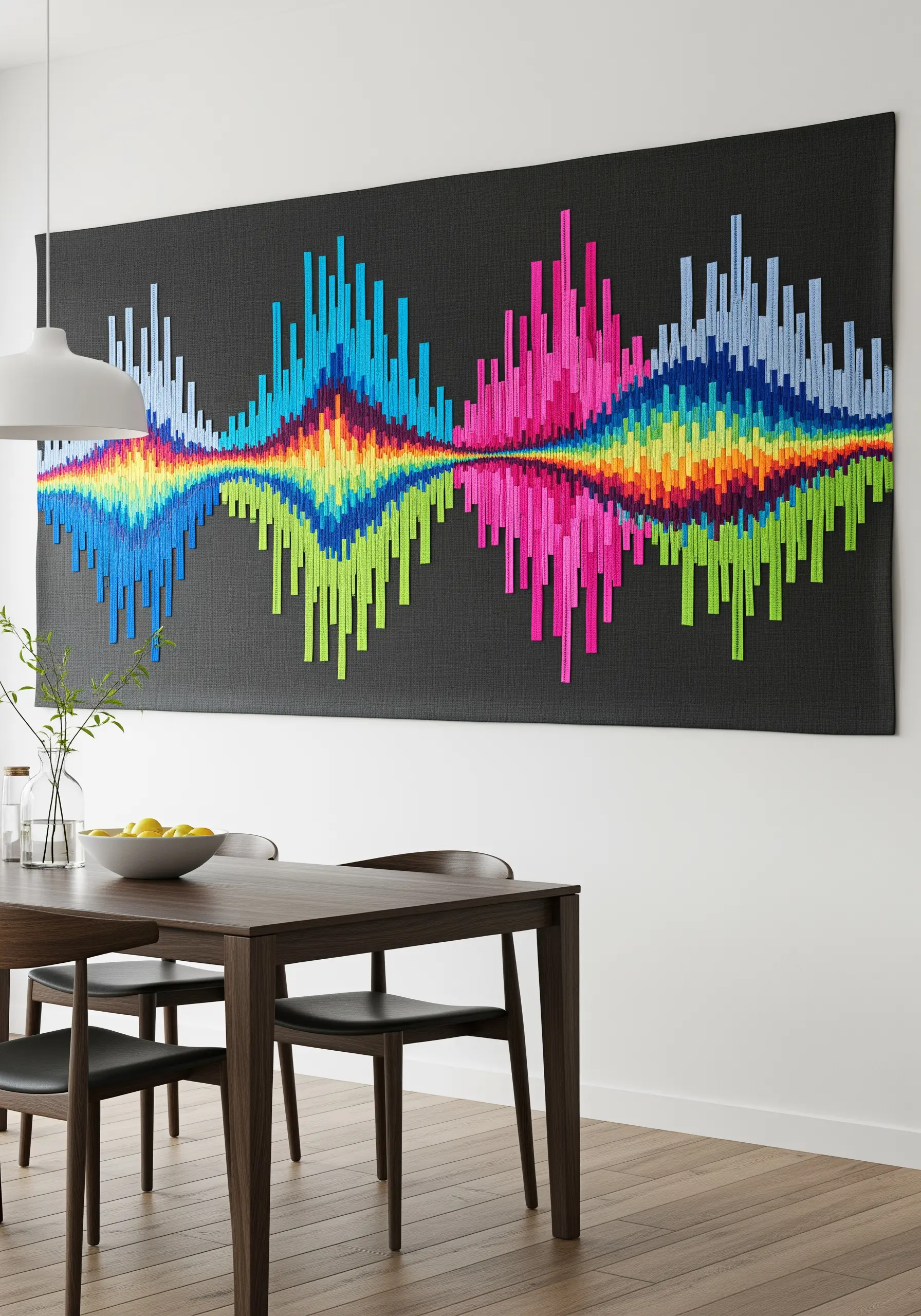 Large-scale wall art depicting a colorful soundwave made from 3D woven fabric strips.