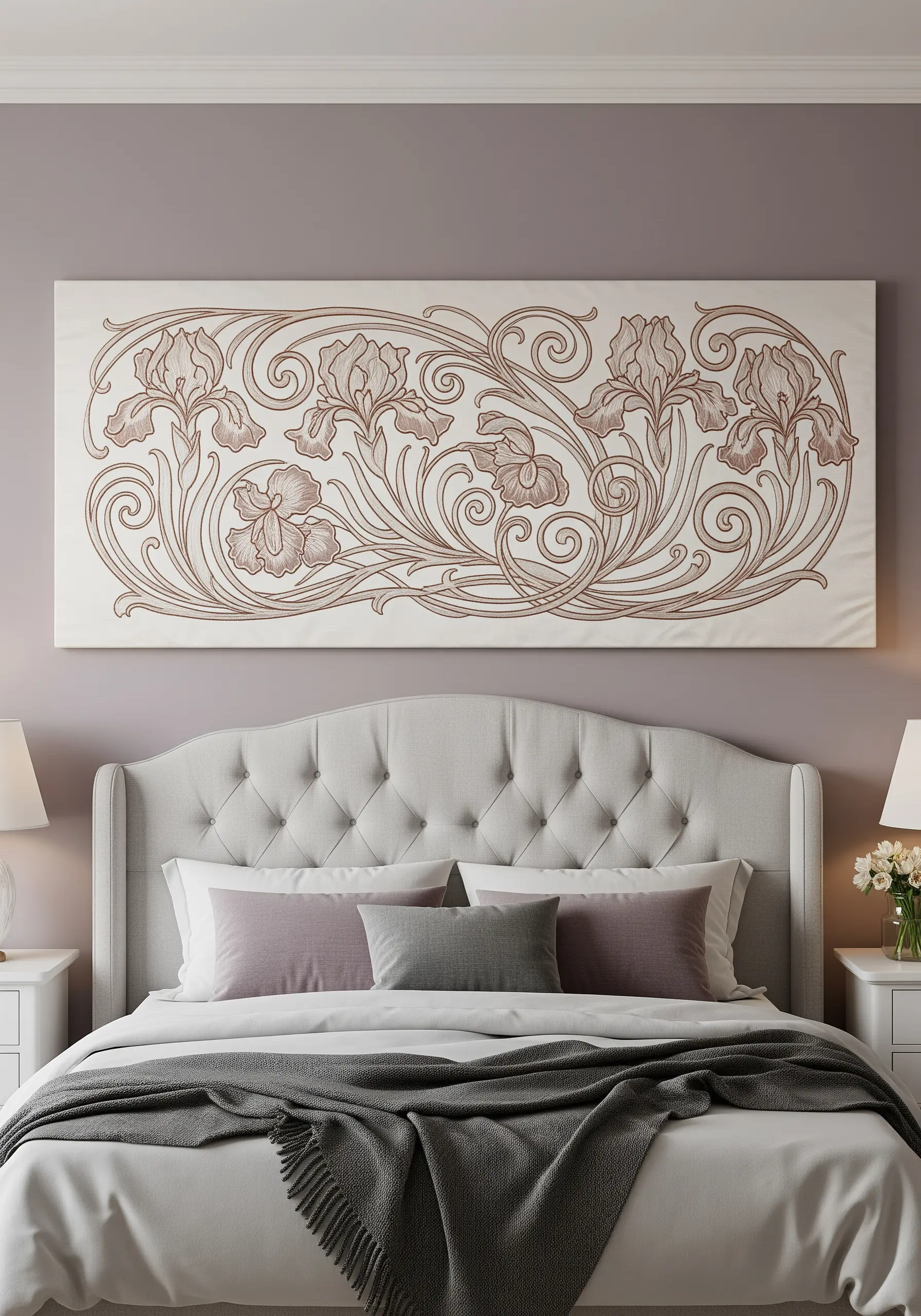 A large panoramic embroidery of Art Nouveau iris flowers and vines above a bed.