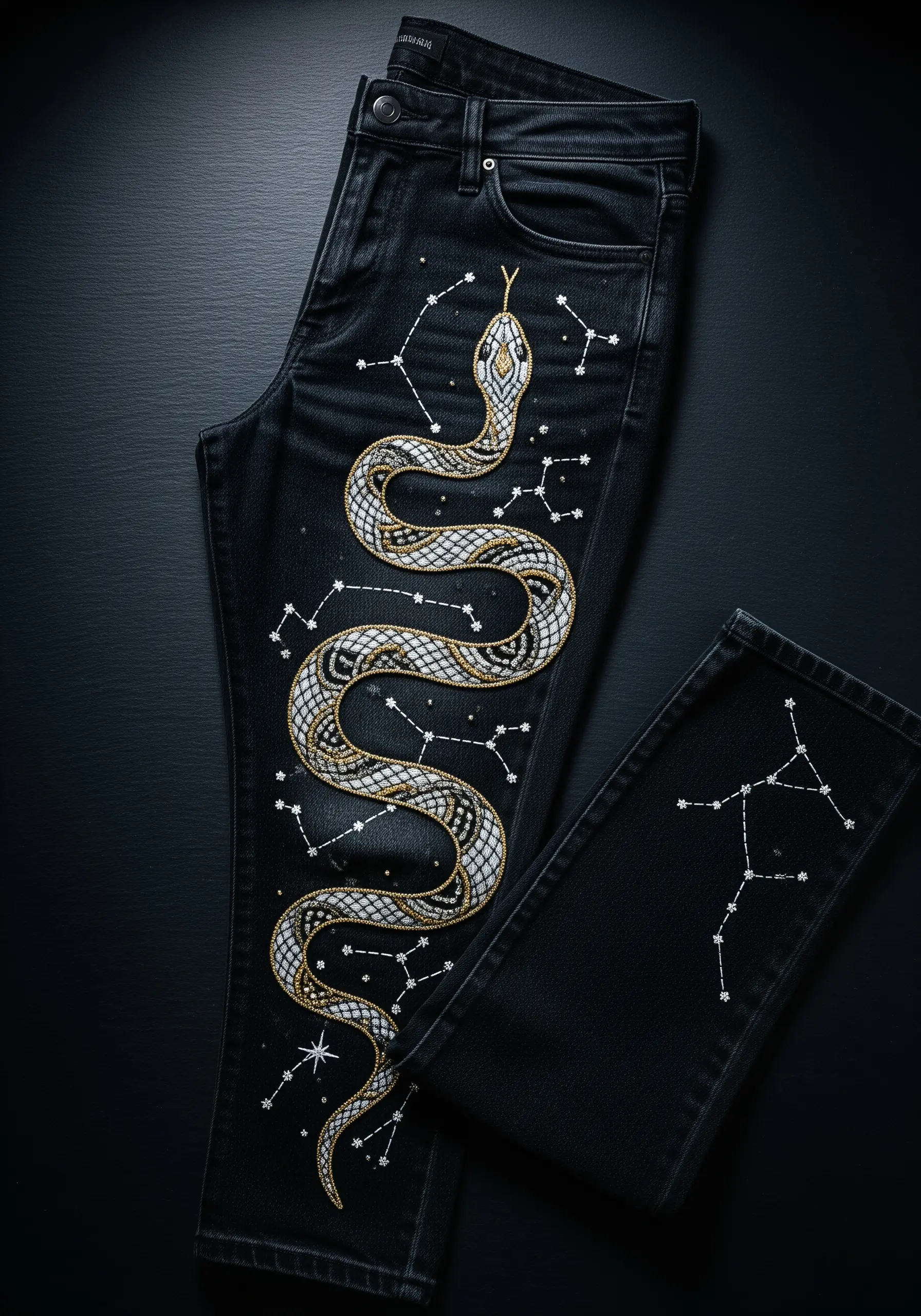 An embroidered snake with gold and silver thread and beads coiling down a pair of black jeans.