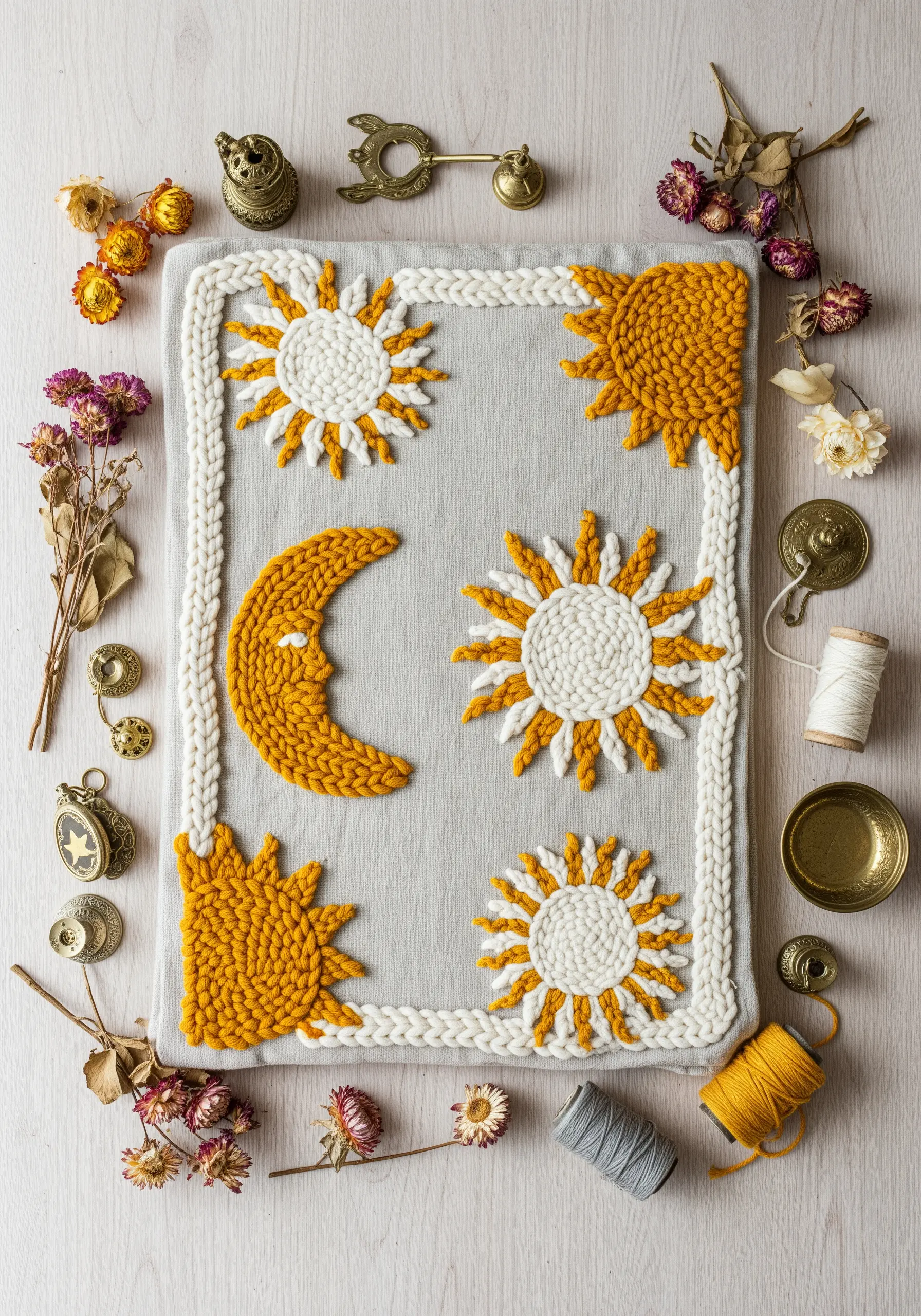 Punch needle sun and moon motifs made with thick yellow and white yarn on a grey background.