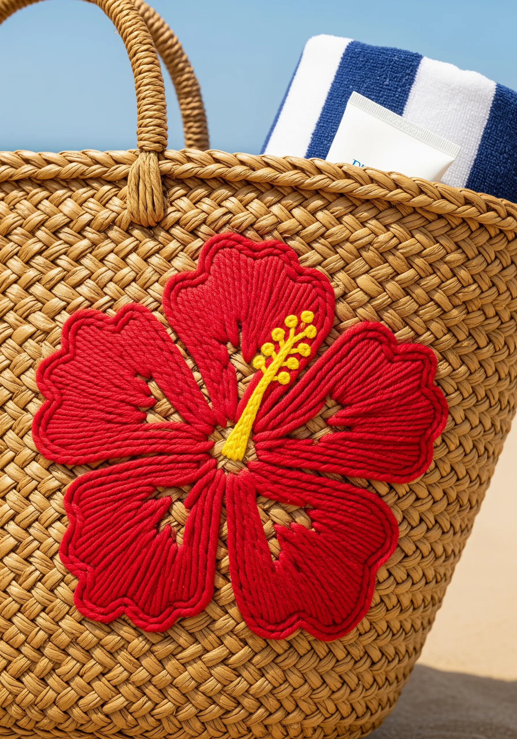 A large red hibiscus flower created with chunky red yarn on a woven straw beach bag.