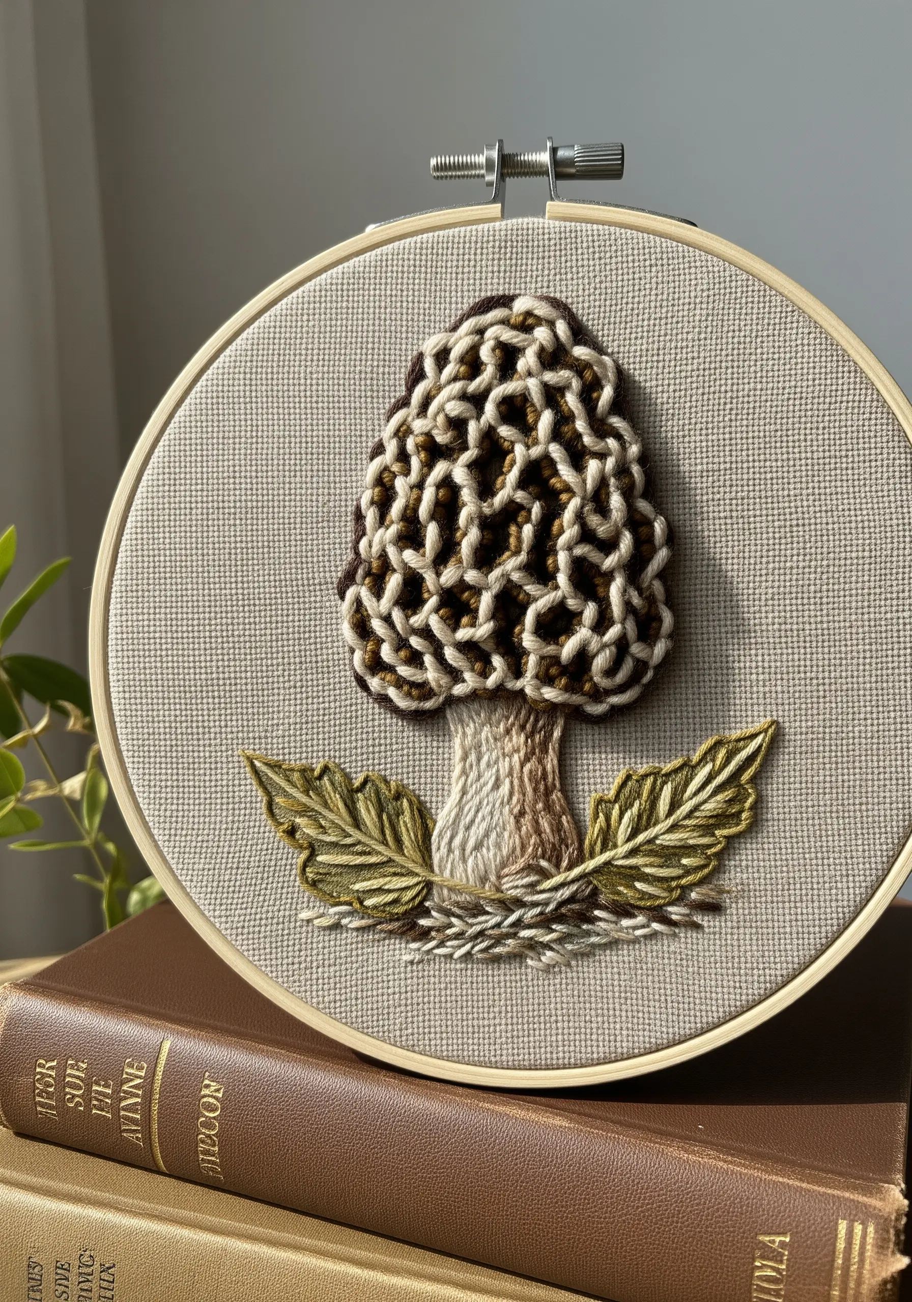 Morel mushroom embroidery with a highly textured, woven cap and delicate leaves.