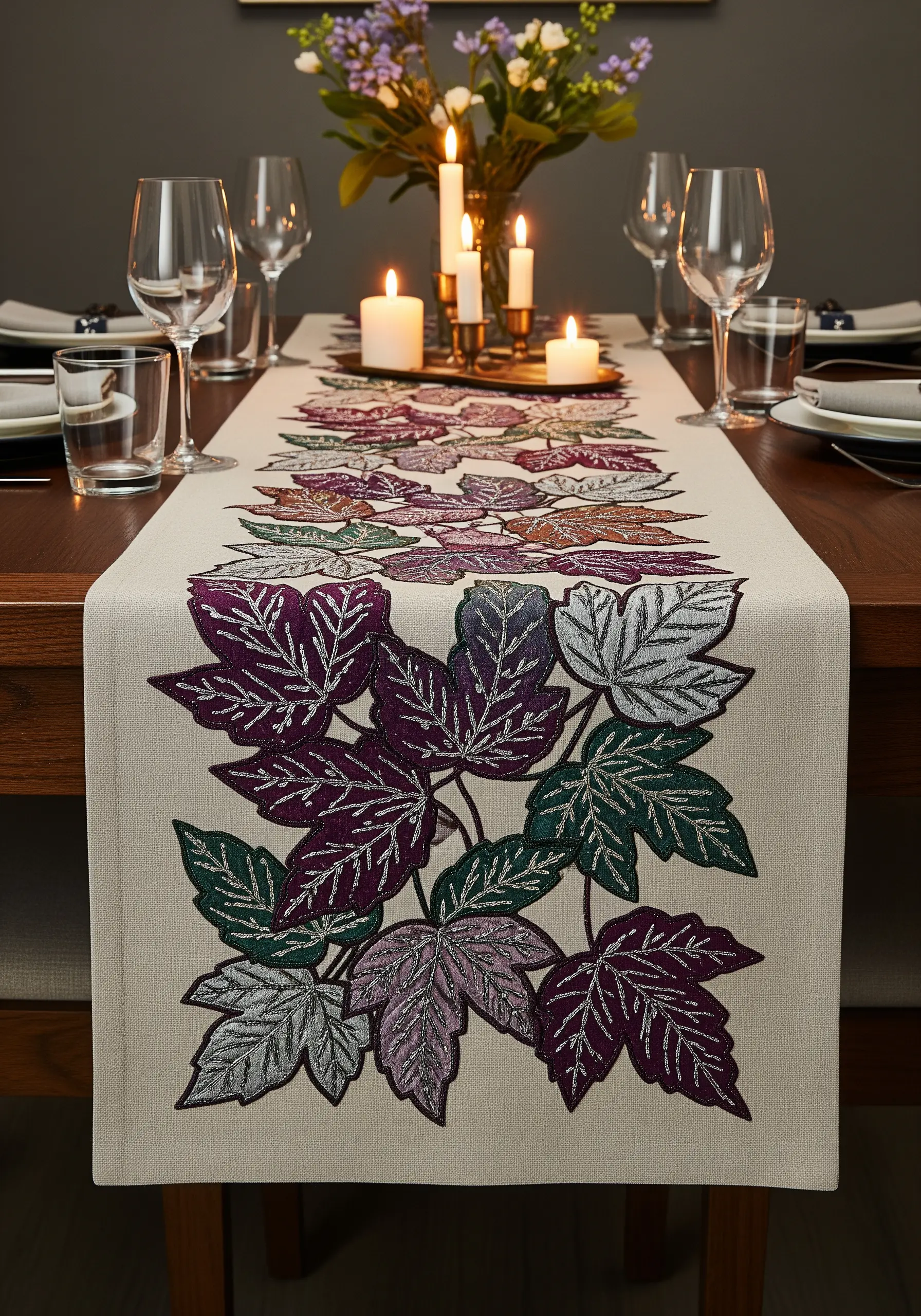 A table runner embroidered with leaves in shimmering purple, silver, and teal metallic threads.