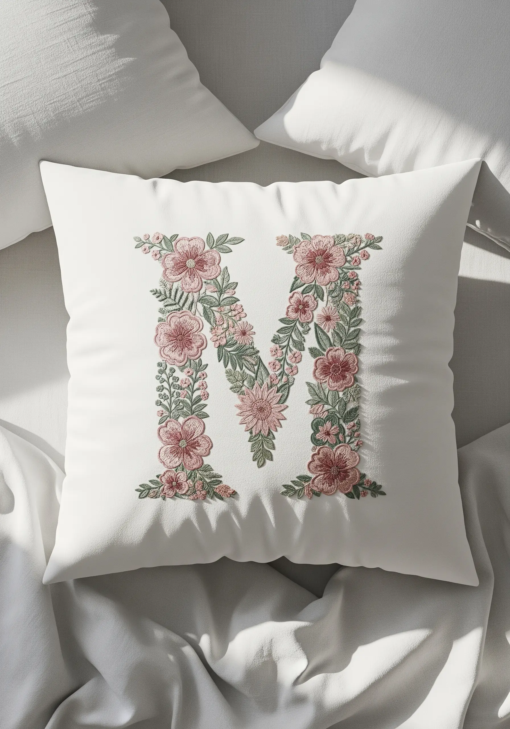 A letter 'M' filled with an intricate arrangement of embroidered pink flowers and green leaves on a white pillow.