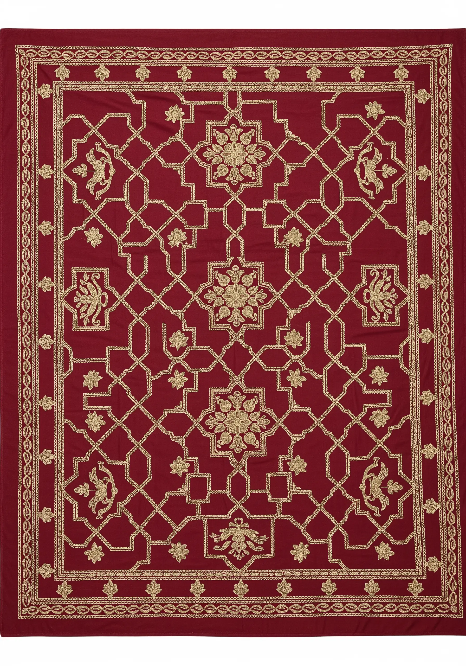 Gold embroidery on a red tablecloth, featuring a geometric grid with floral and bird motifs.