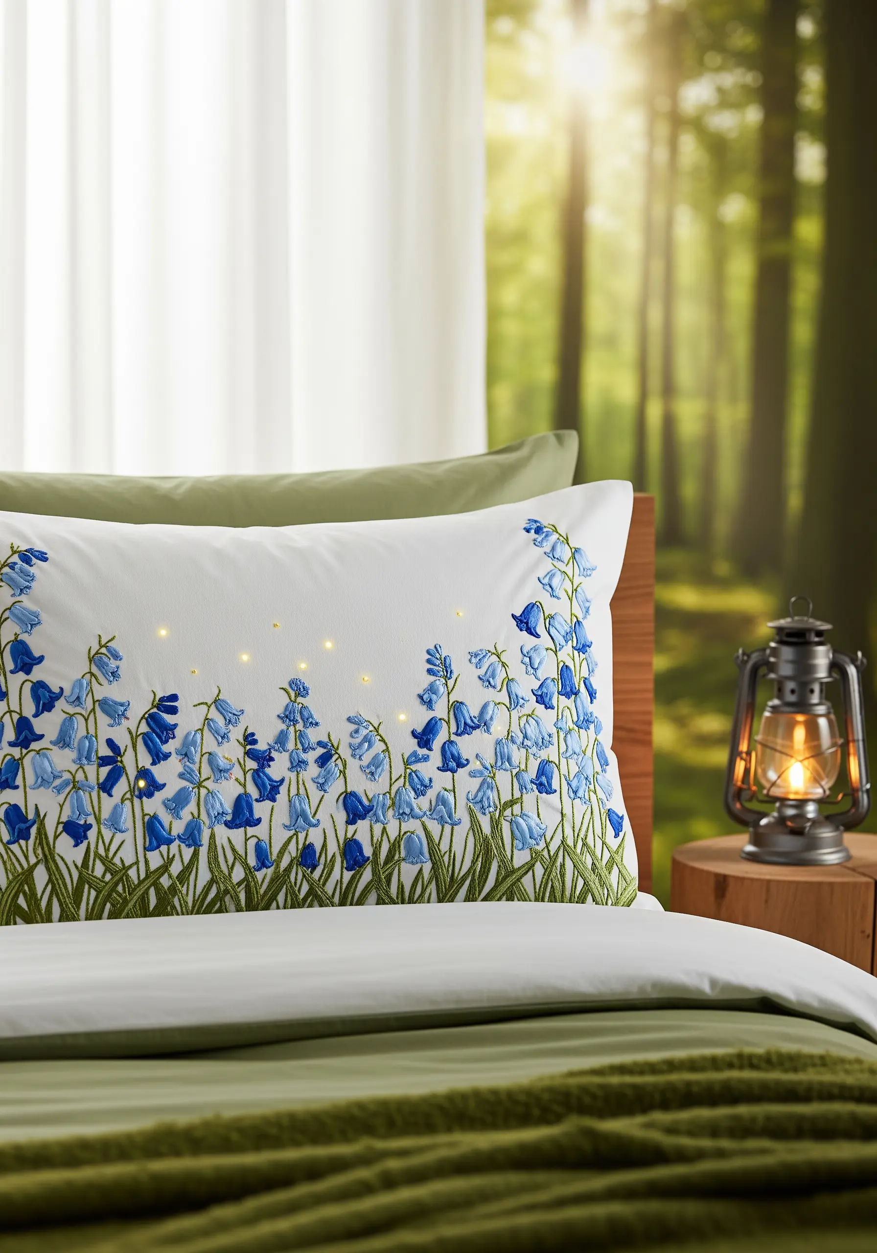 A pillowcase embroidered with a field of bluebells with glowing fairy lights.