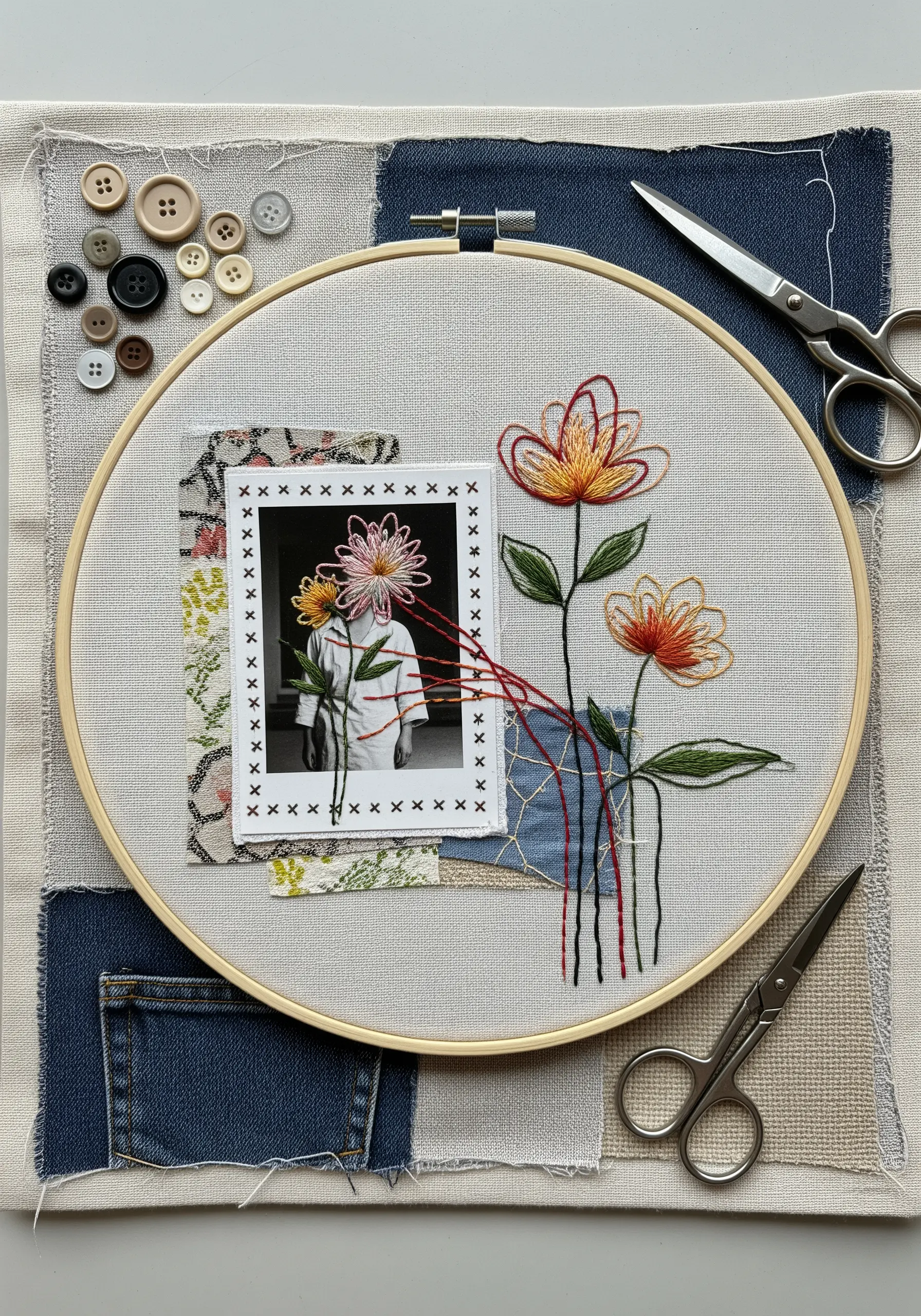 A photo on fabric in an embroidery hoop with threads extending out into embroidered flowers.