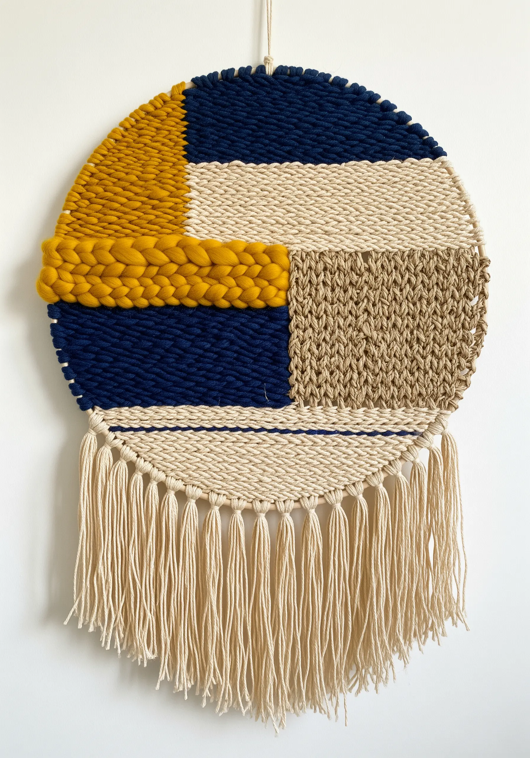 Circular woven wall hanging with geometric color blocks in blue, yellow, and beige.